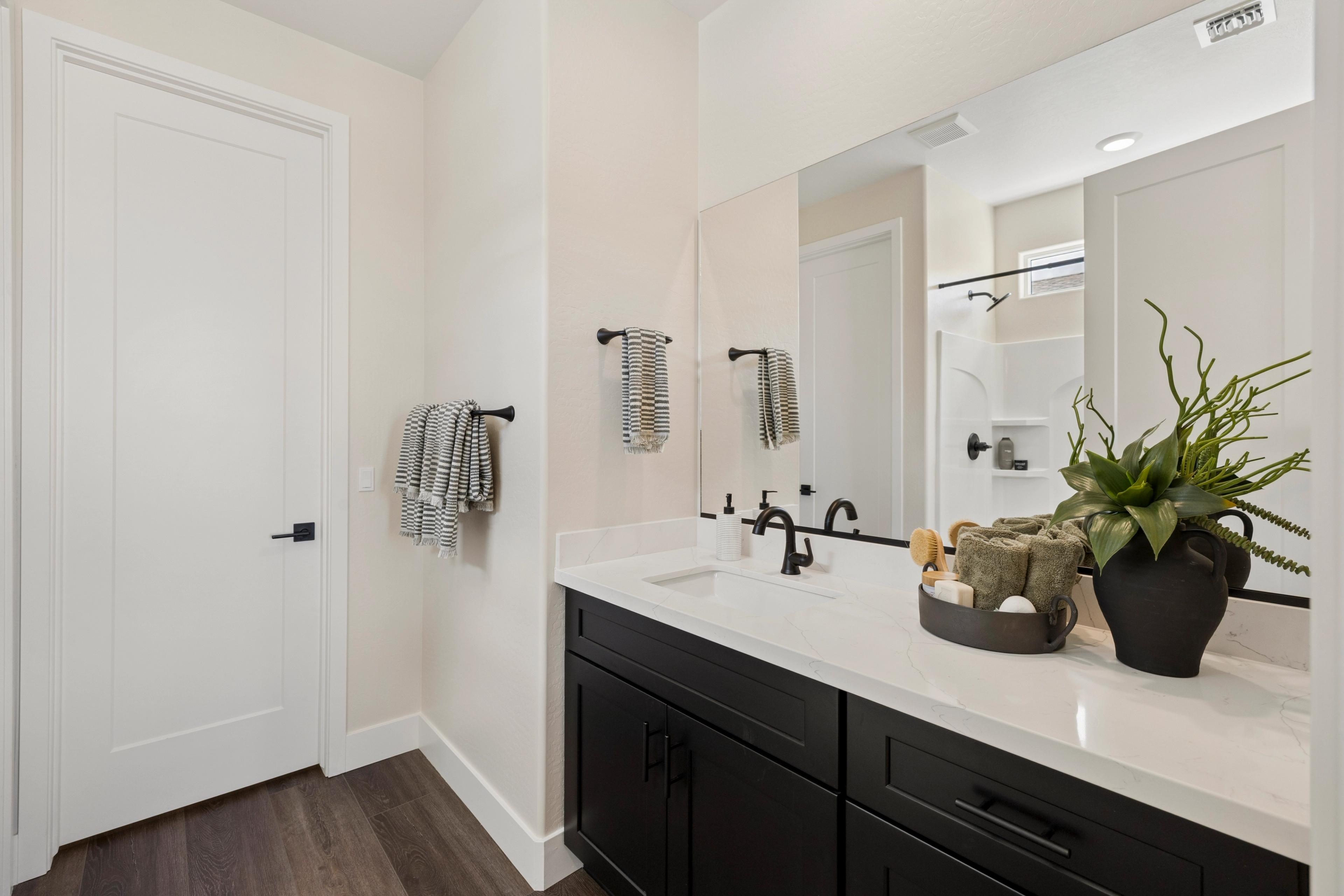 Modern bathroom vanity with black cabinets, white quartz countertop, and potted plants at South Ranch in Prescott AZ