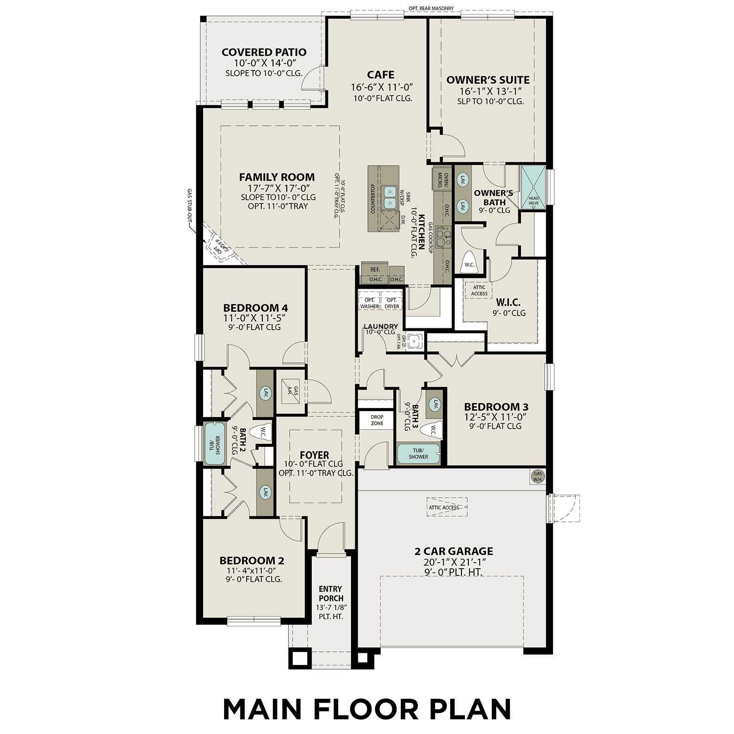 The Acadia B floor plan showcasing 4-bedroom layout, open family room, owner's suite, and 2-car garage