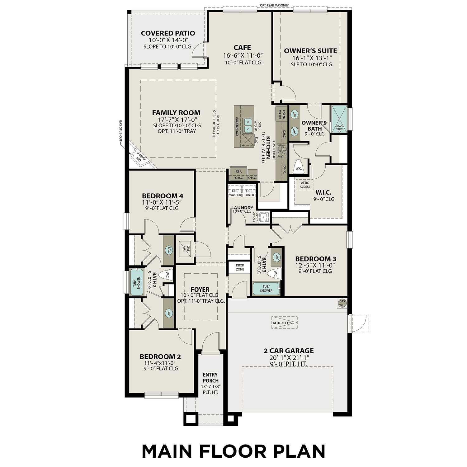 The Acadia B floor plan showcasing 4-bedroom layout, open family room, owner's suite, and 2-car garage