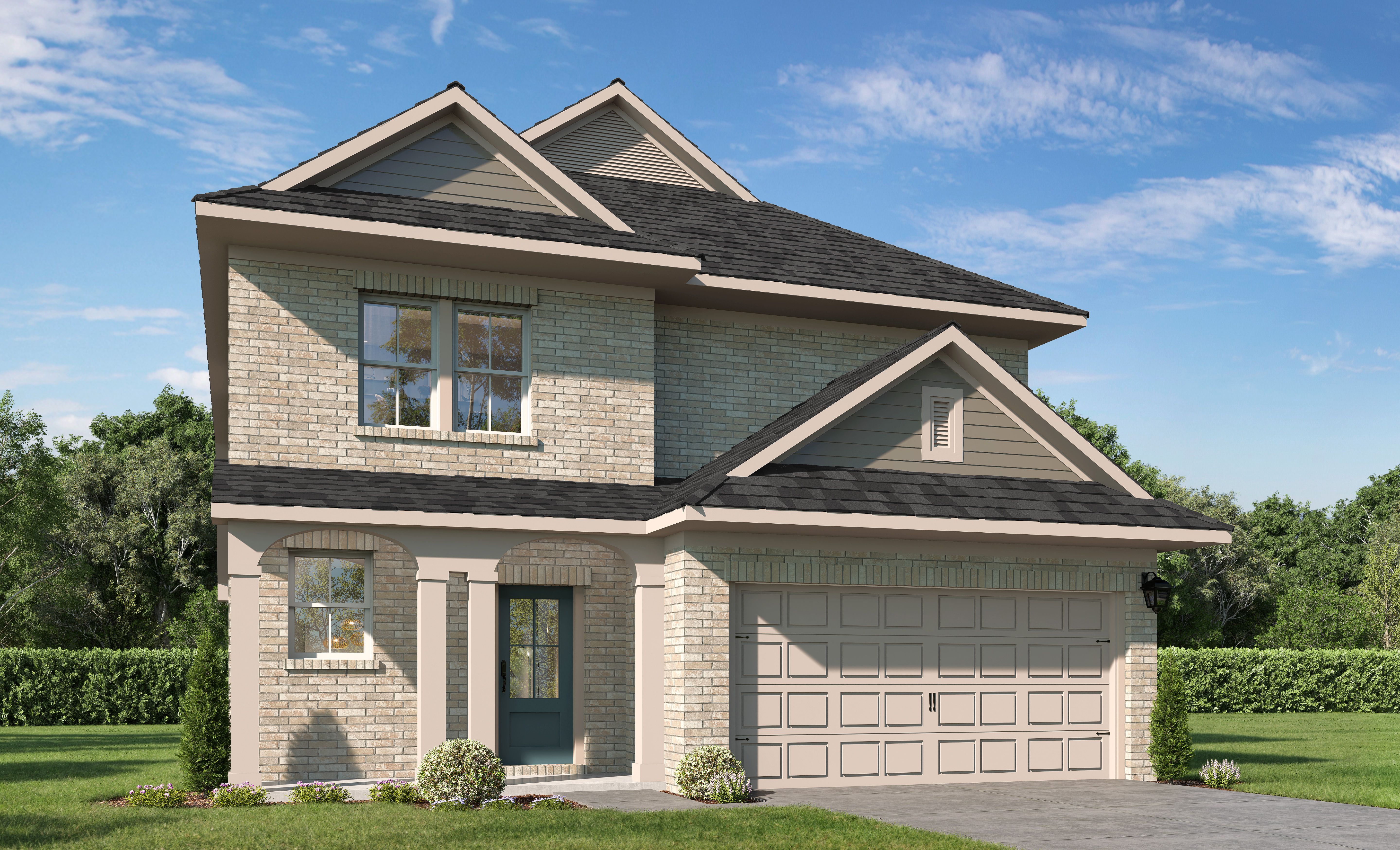 Two-story brick and siding elevation of The Lakeshore G home, featuring two-car garage, blue arched door, and landscaped yard in Crosby TX