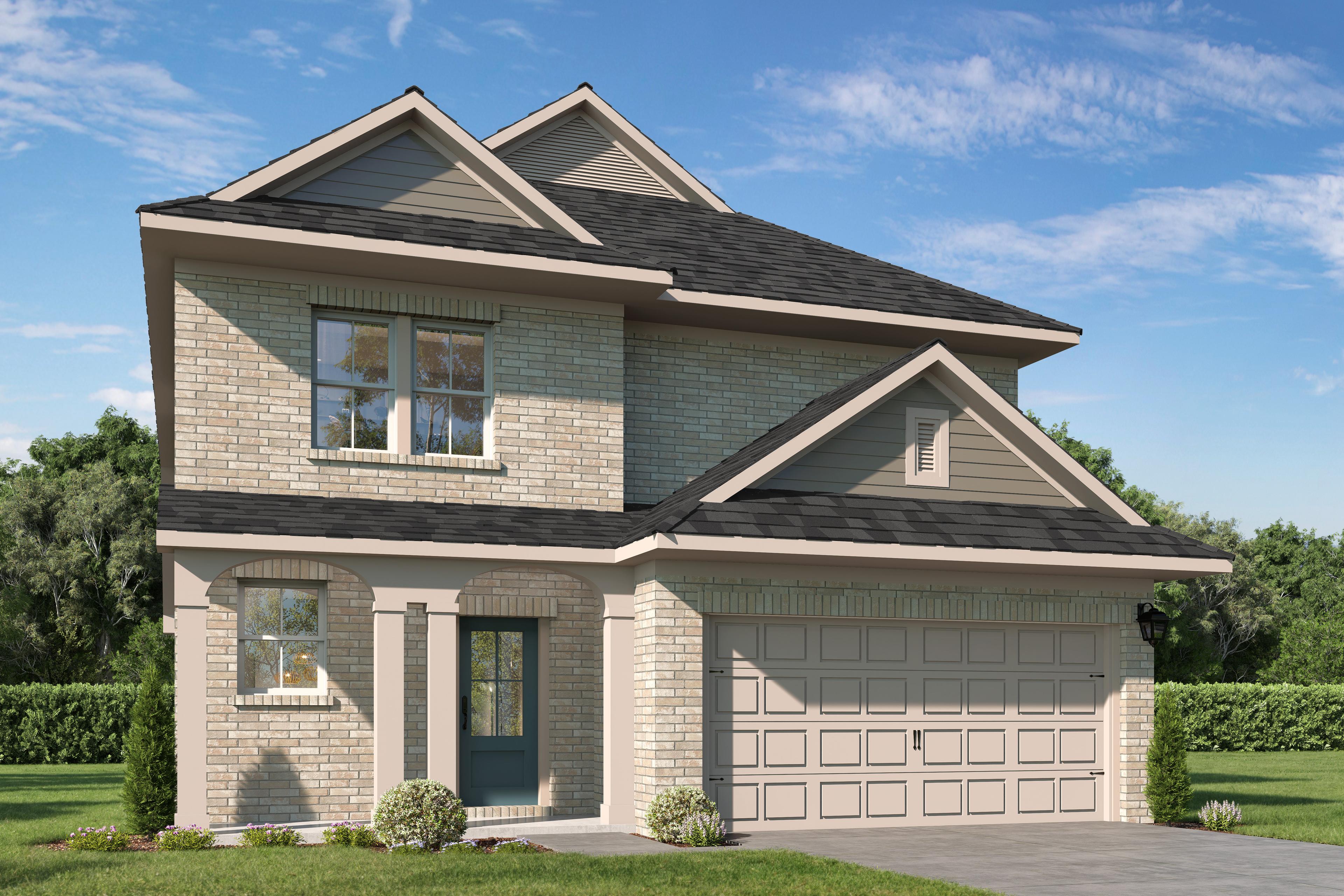 Two-story brick and siding elevation of The Lakeshore G home, featuring two-car garage, blue arched door, and landscaped yard in Crosby TX