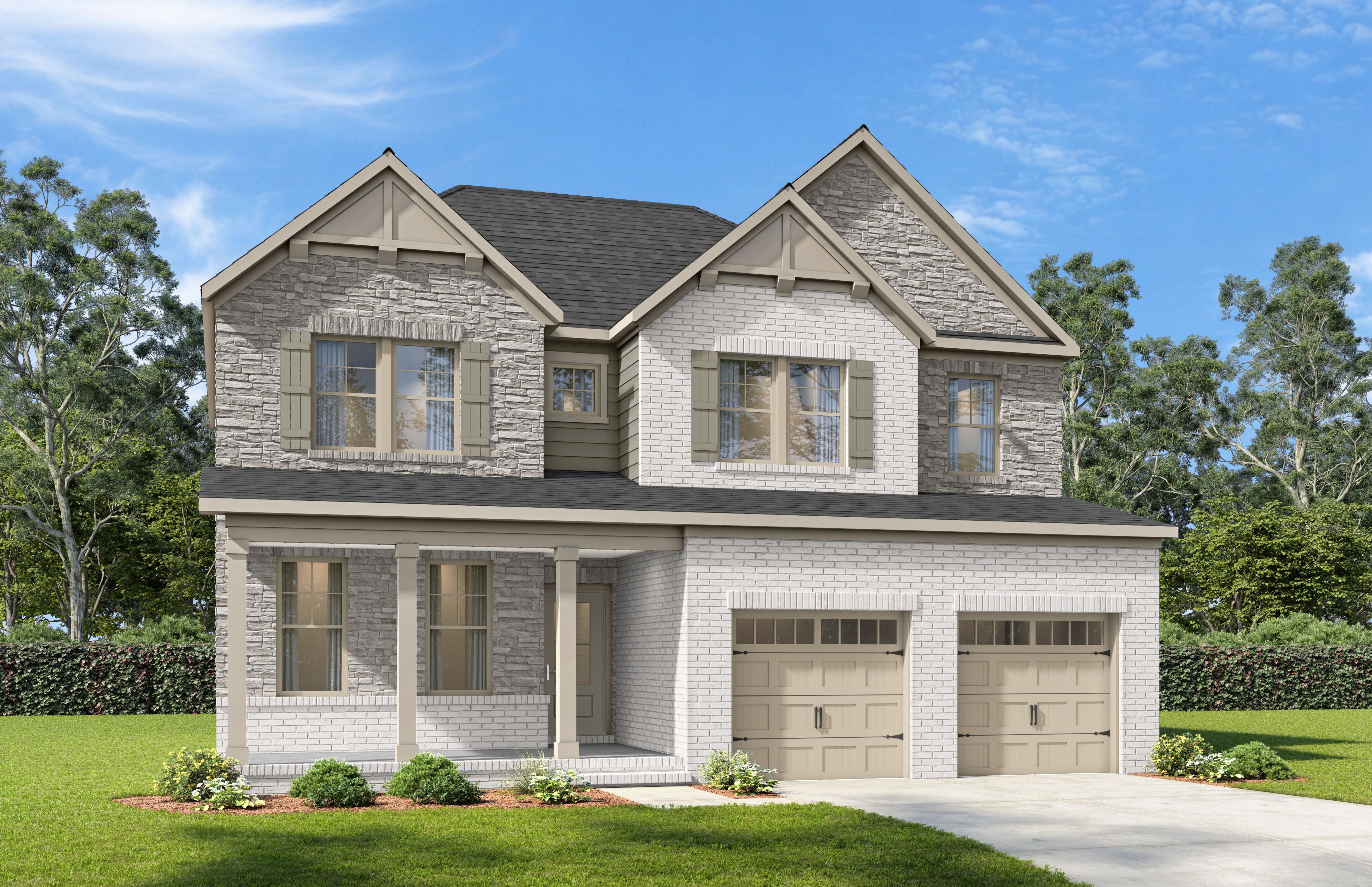 Two-story brick and stone elevation of The Willow D-BF by Davidson Homes in Mt. Juliet, TN with 2-car garage