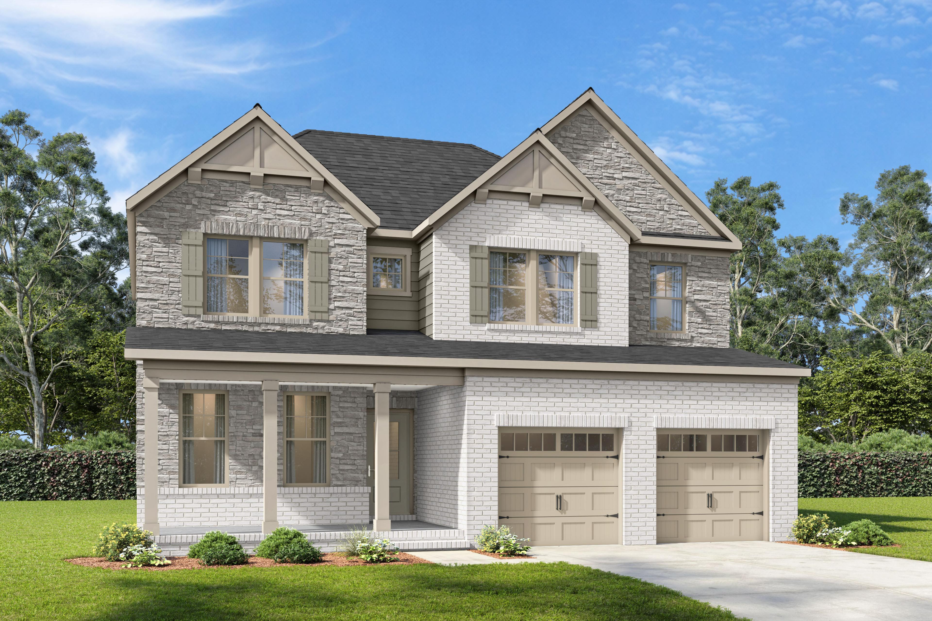 Two-story brick and stone elevation of The Willow D-BF by Davidson Homes in Mt. Juliet, TN with 2-car garage