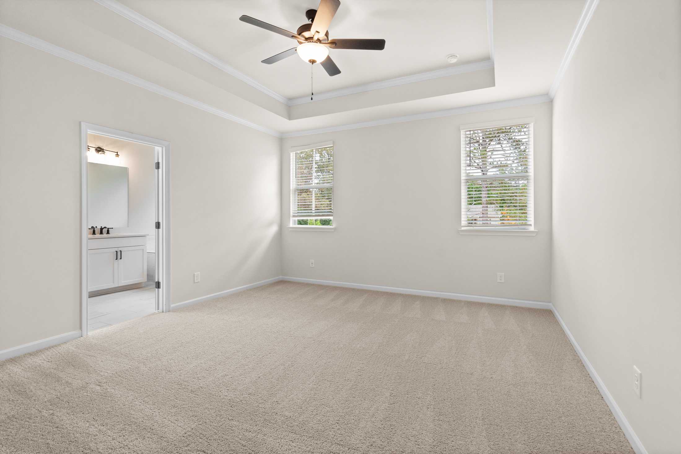 Spacious master bedroom in The Glenwood B featuring beige carpet, ceiling fan, large windows with blinds, and en-suite bath vanity