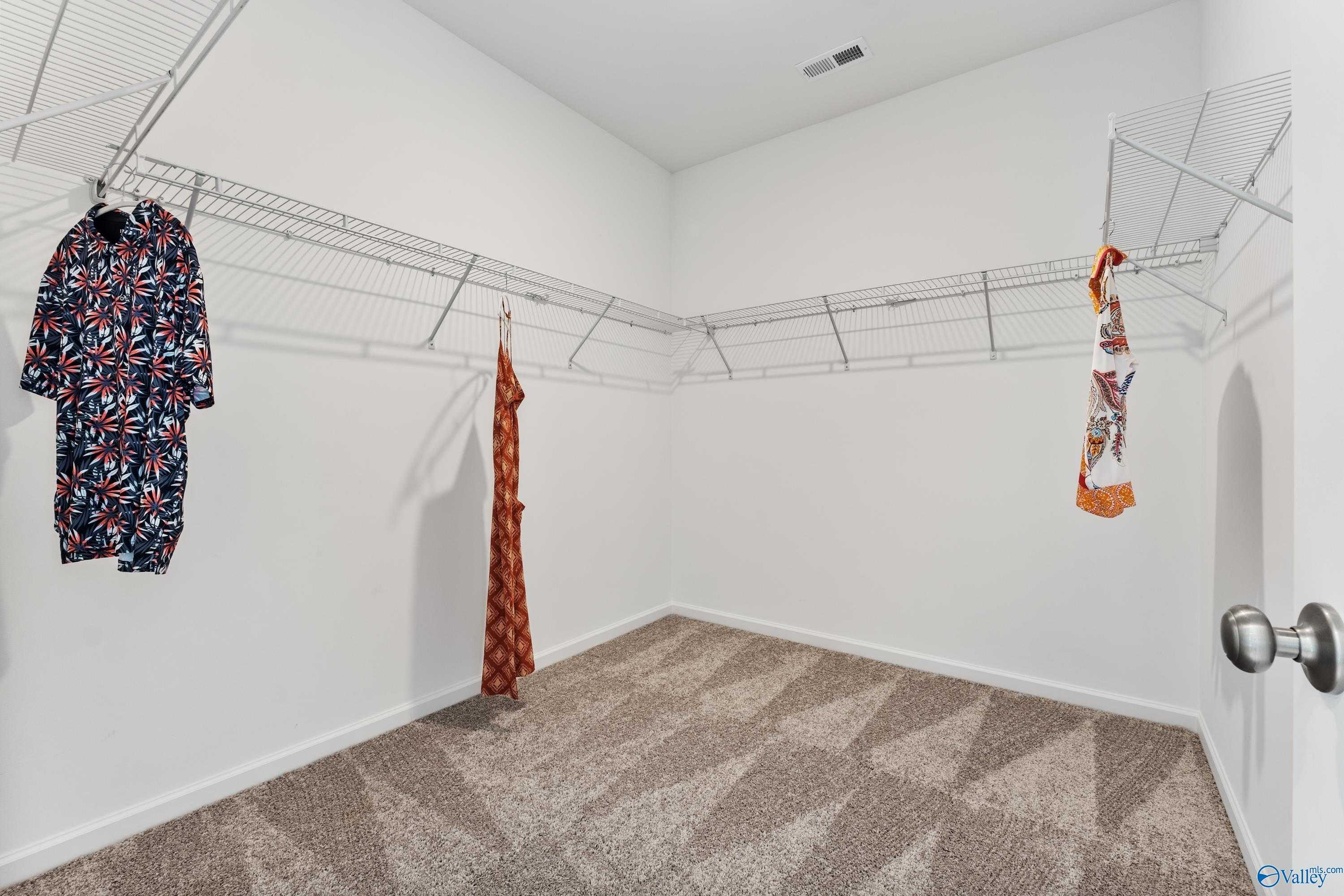 Spacious walk-in closet with wire shelving, hanging clothes, and carpeted floor in Davidson Homes The Sanctuary, Athens, Alabama