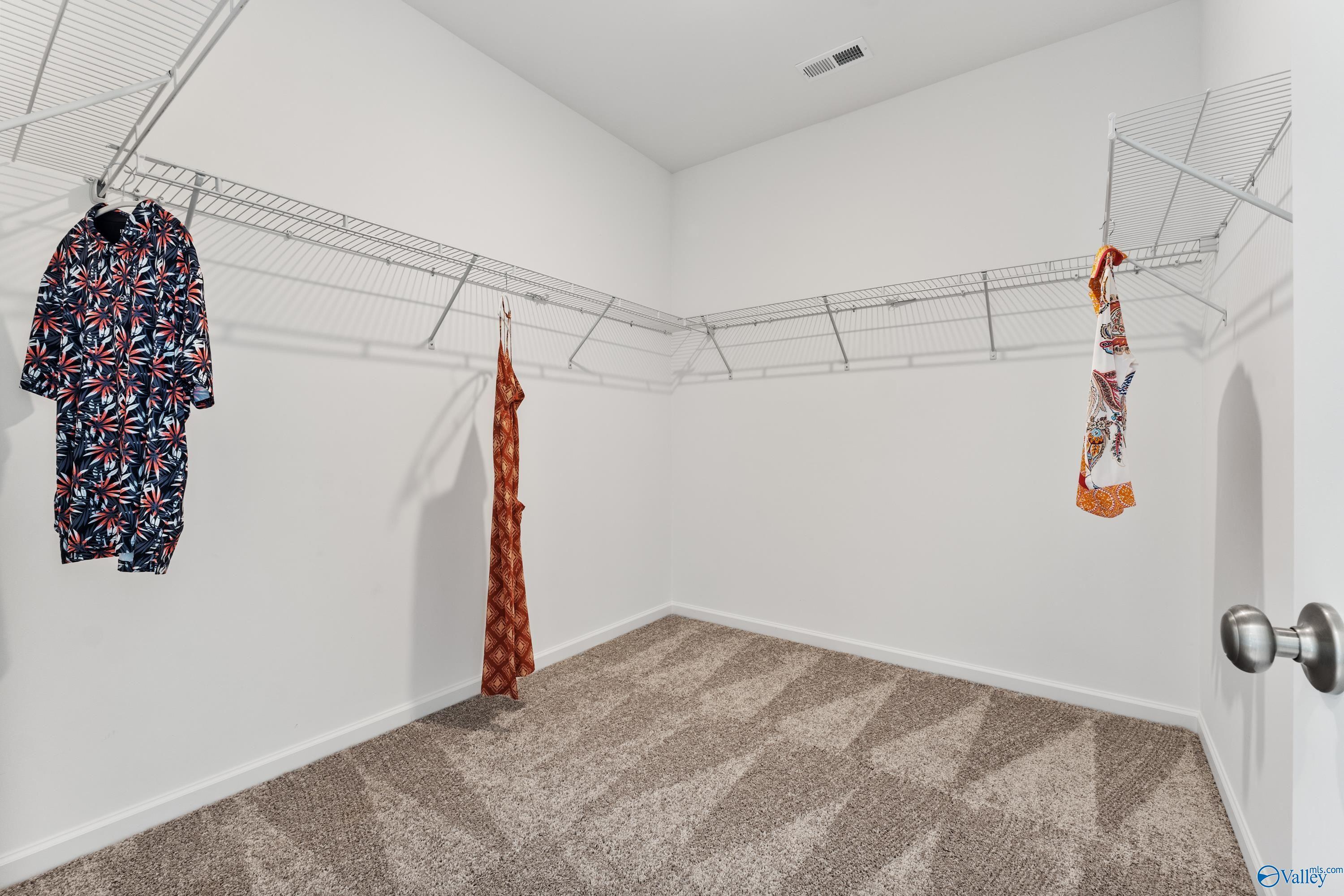 Spacious walk-in closet with wire shelving, hanging clothes, and carpeted floor in Davidson Homes The Sanctuary, Athens, Alabama