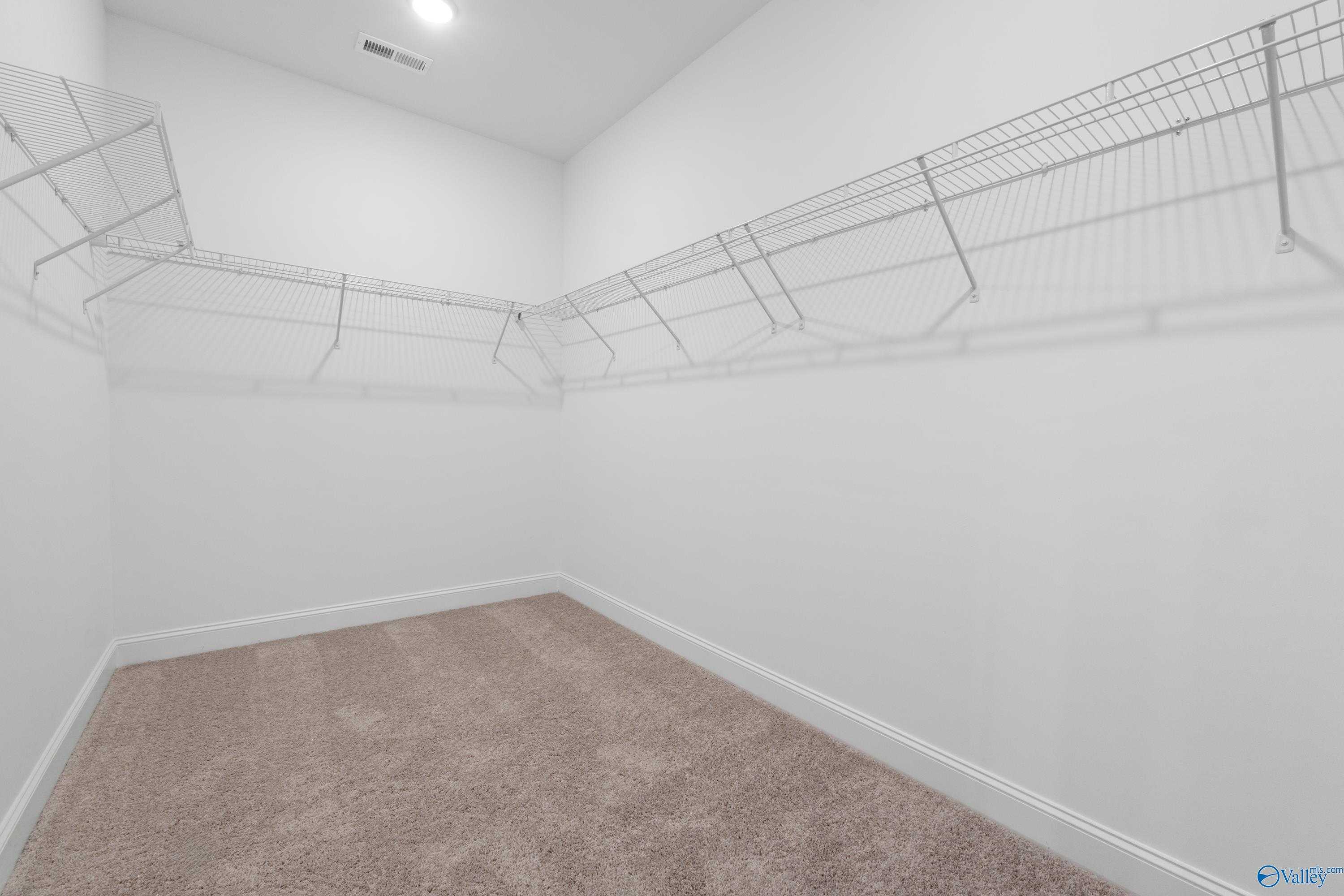 Spacious walk-in closet with wire shelving and carpeted floor in Davidson Homes The Finleigh, Meridianville, Alabama