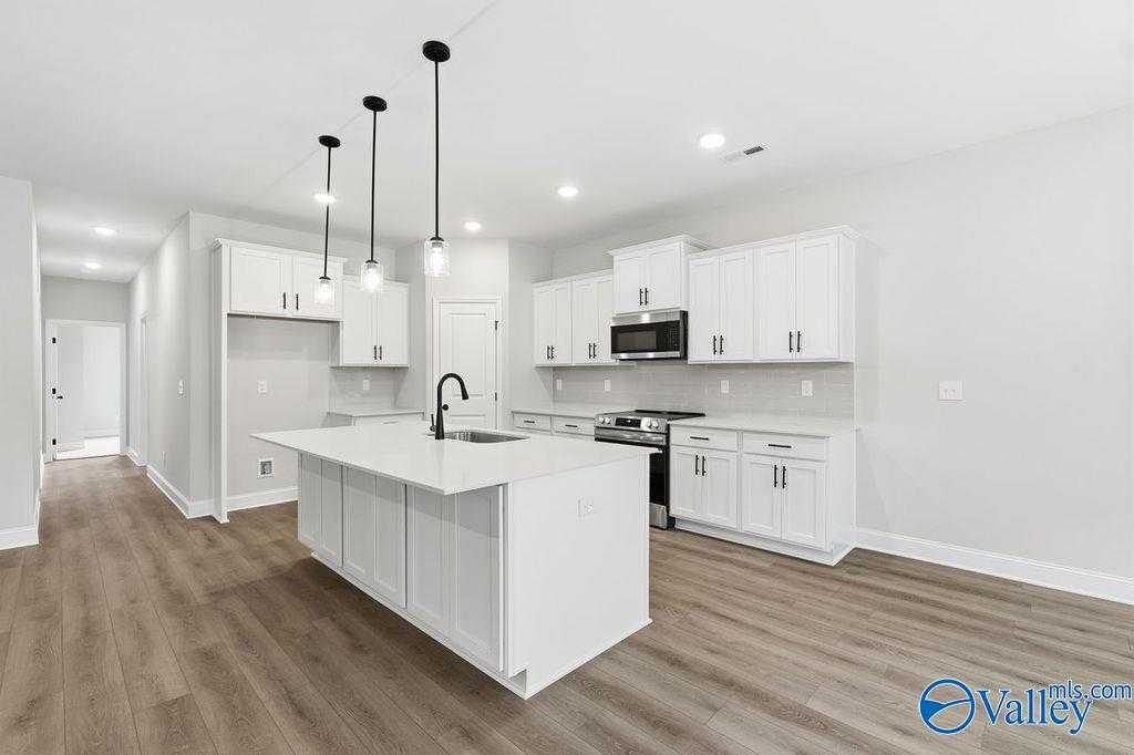 Modern white kitchen with quartz island, stainless steel appliances, and open layout in Davidson Homes The Rockford B, Hartselle, Alabama