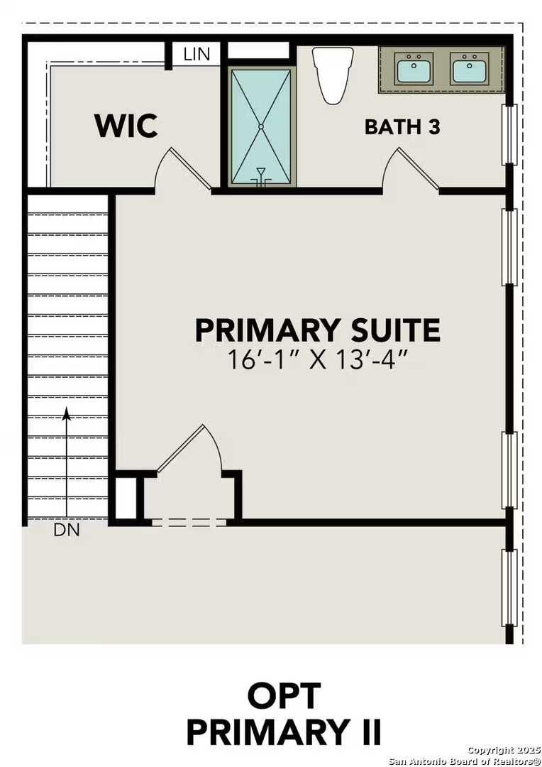 Upper level floor plan with spacious primary suite 16'-1" x 13'-4", walk-in closet, and Bath 3 in Davidson Homes The Douglas E, San Antonio