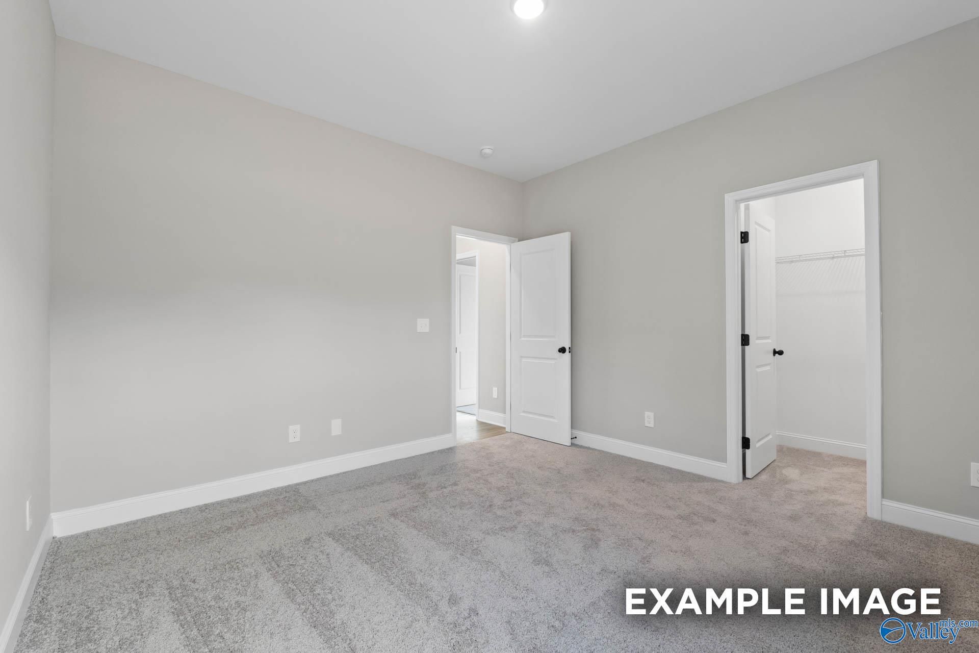 Bright secondary bedroom featuring gray walls, plush carpet, and open walk-in closet in Davidson Homes The Montgomery B, Toney, Alabama