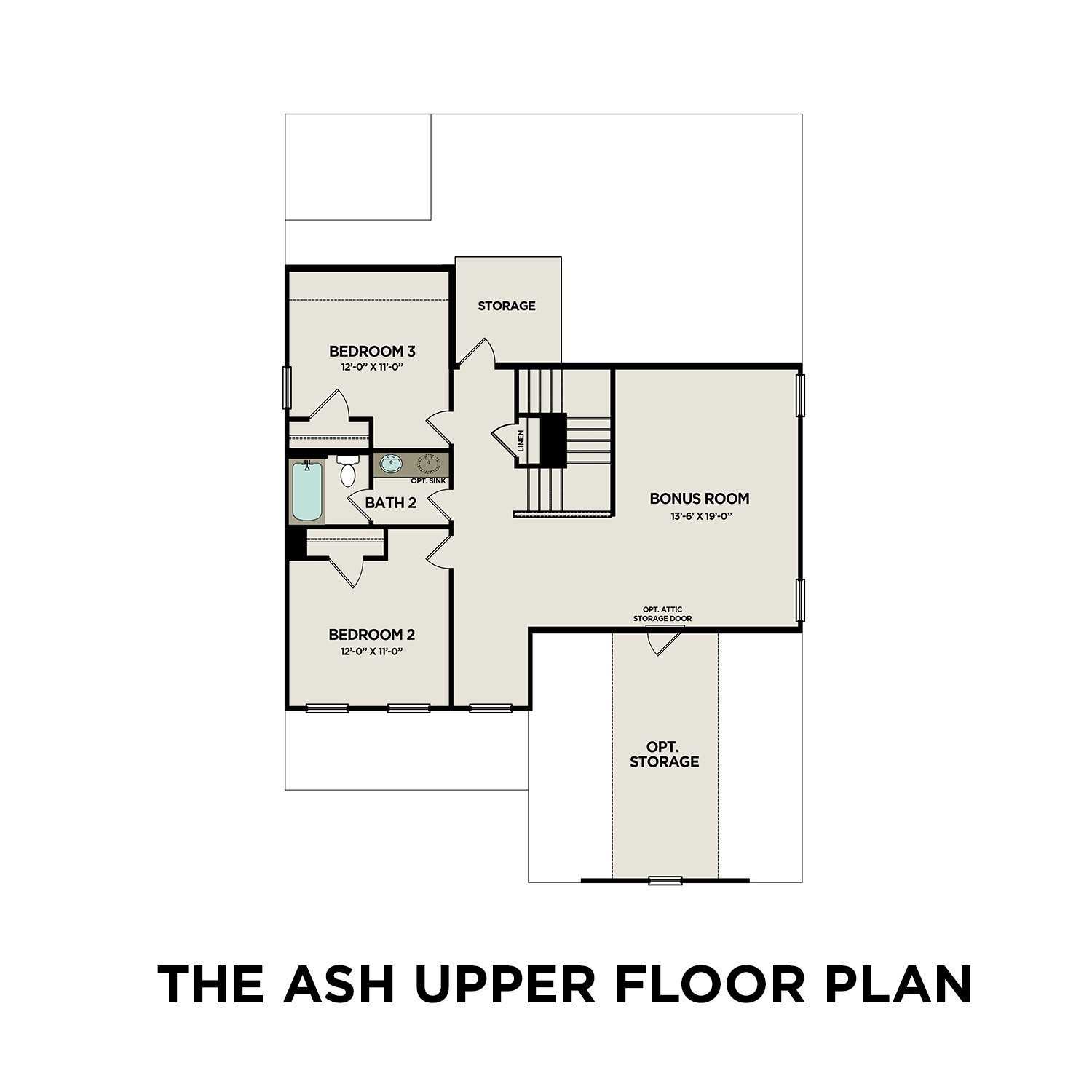 Upper floor plan of The Ash A: two bedrooms, full bath, 14x16 bonus room, storage in Davidson Homes, Gallatin, TN