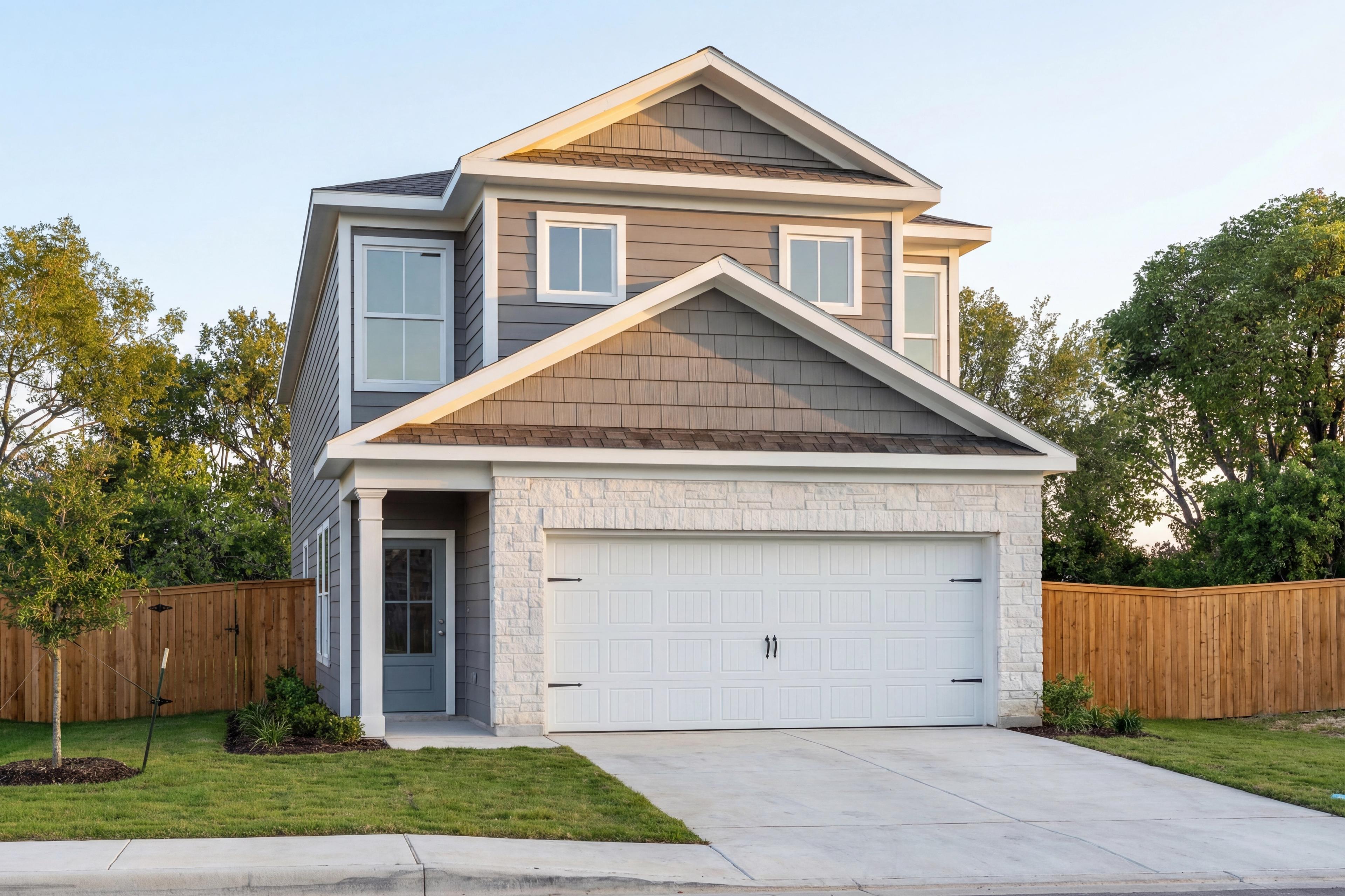 Two-story Charlotte B home elevation in San Antonio featuring gray siding, stone accents, 2-car garage, and front porch