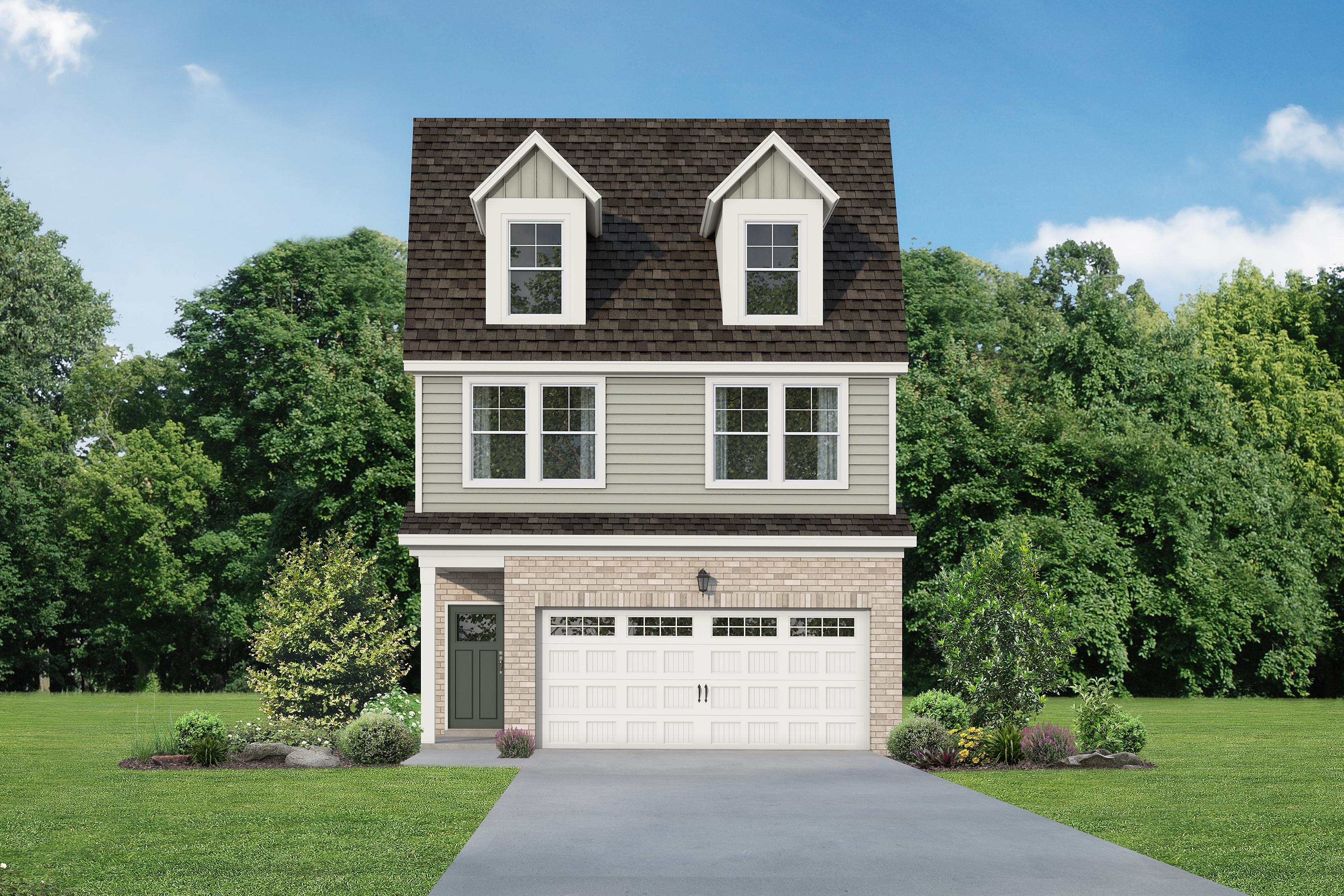 Two-story Durham E home elevation with gray siding, brick accents, gabled roof, and two-car garage in lush green landscape