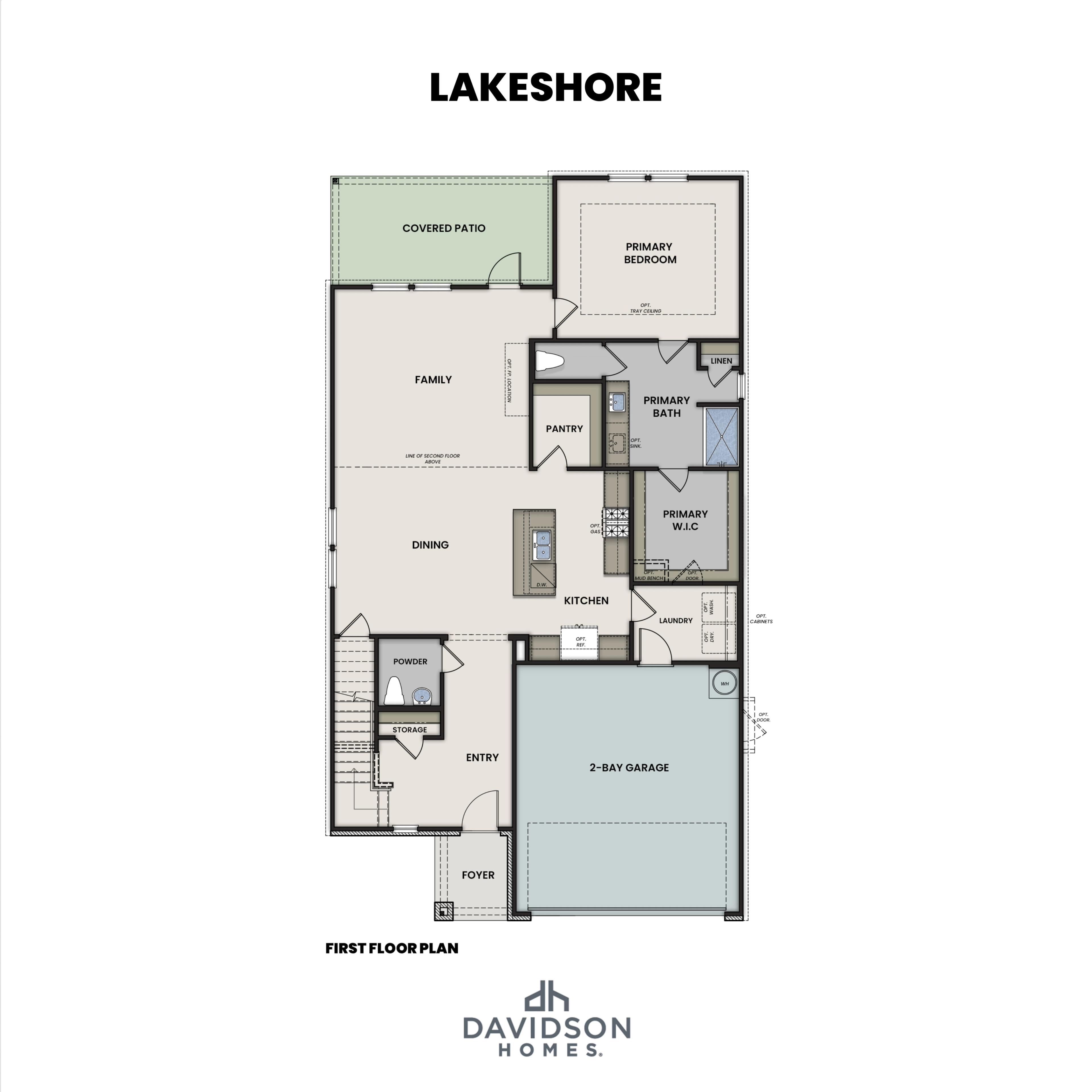 First floor plan of The Lakeshore by Davidson Homes, featuring primary suite, open kitchen, dining, family room, and 2-bay garage
