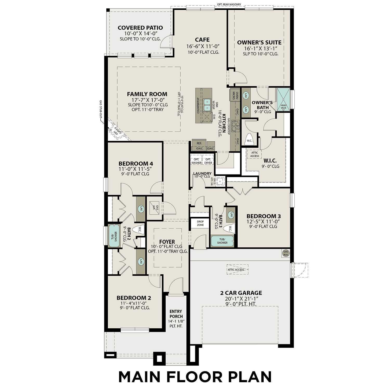 Spacious Acadia C floor plan by Davidson Homes: 4-bedroom, 1-story layout with owner's suite, open kitchen, family room, and 2-car garage