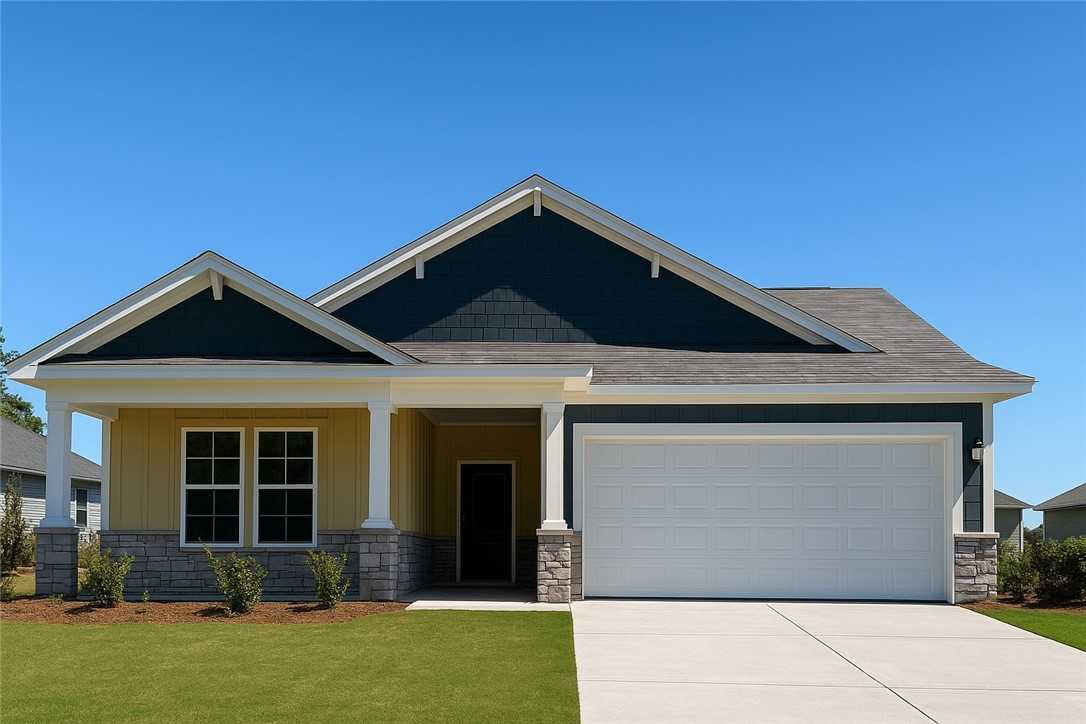 Modern single-story 4-bedroom home with navy blue gabled roof, yellow siding, front porch, and 2-car garage in Opelika, Alabama