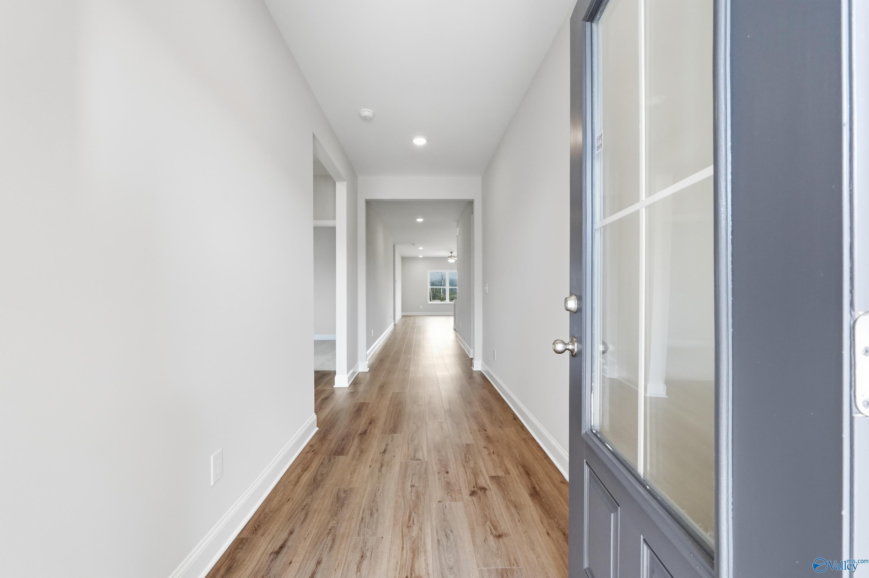 Bright hallway with light wood floors, white walls, and frosted glass front door in Davidson Homes The Daphne C, Toney, Alabama