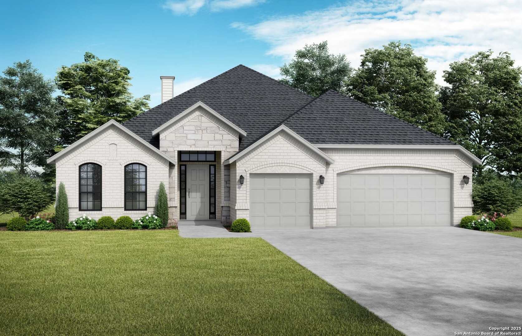 Modern white brick single-story home with 3-car garage, stone accents, and lush landscaping in The Reserve at Potranco Oaks, Castroville, Texas