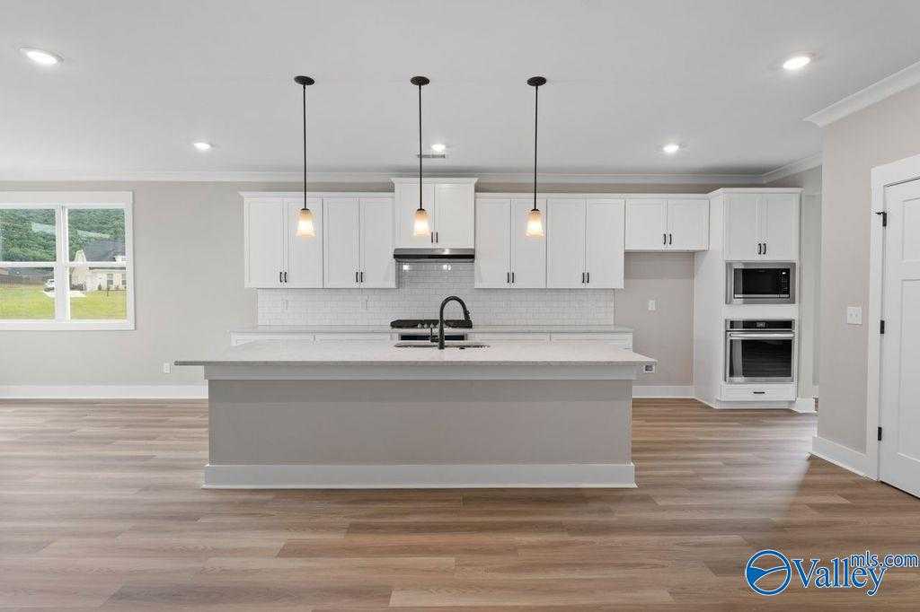Modern white kitchen with large island, pendant lights, stainless appliances in The Oxford 5-bedroom home by Evermore Homes, Owens Cross Roads, AL