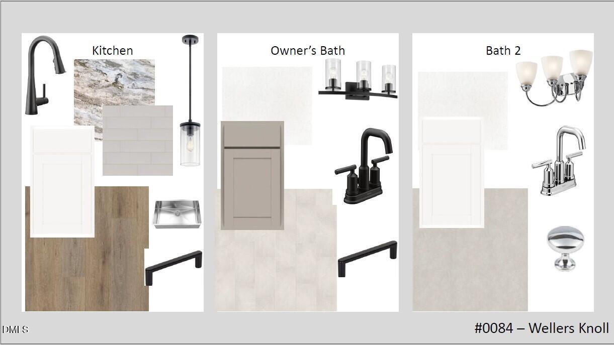 Modern kitchen design with black faucet, quartz counters, pendant lights, and cabinets; owner's bath vanity, fixtures in Hickory II C, Wellers Knoll, Lillington, NC