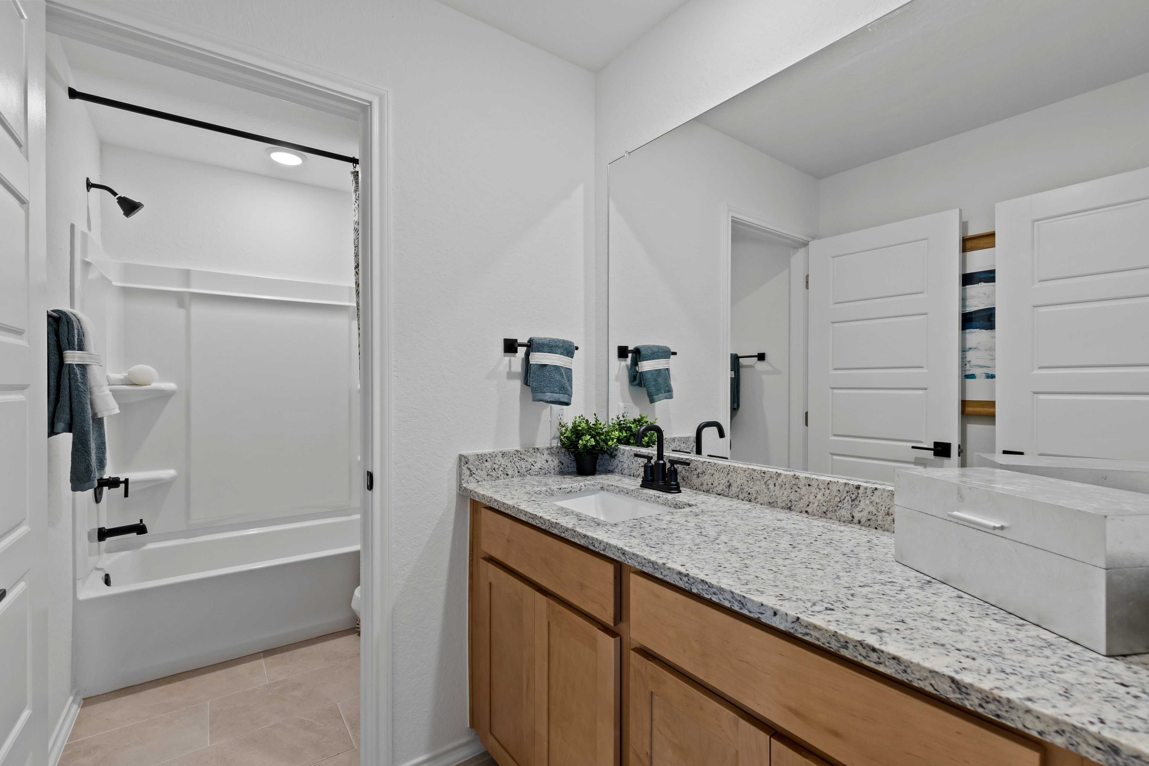 Spacious master bathroom in Hickory Ridge Elmendorf TX by Davidson Homes with quartz vanity, walk-in shower, and tub