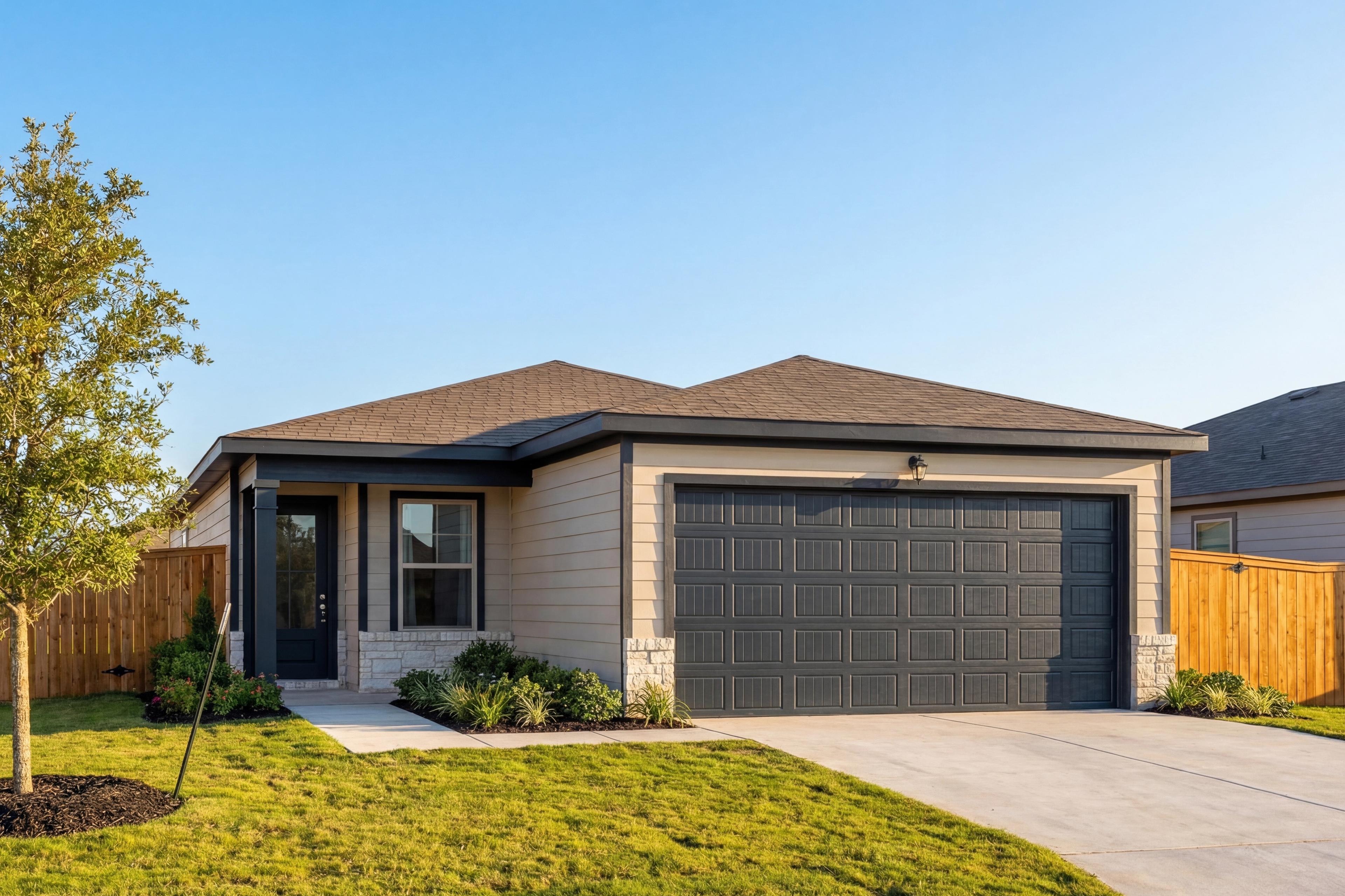 Modern single-story Colorado C home elevation with beige siding, dark 2-car garage, covered porch, shrubs, and green lawn in San Antonio
