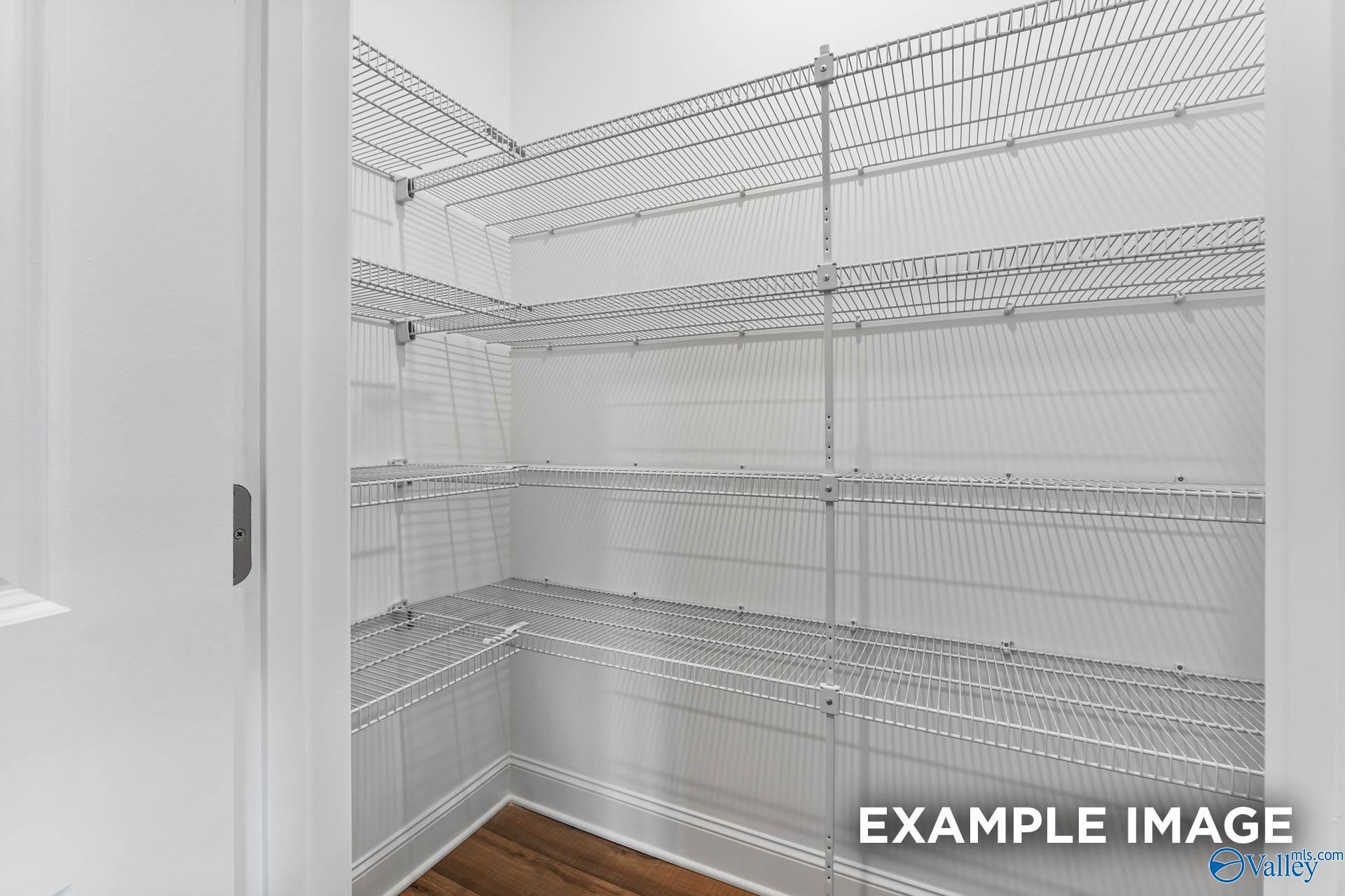 Spacious walk-in pantry featuring multi-level wire shelving in white-walled corner, The Chelsea B by Davidson Homes, Toney, AL