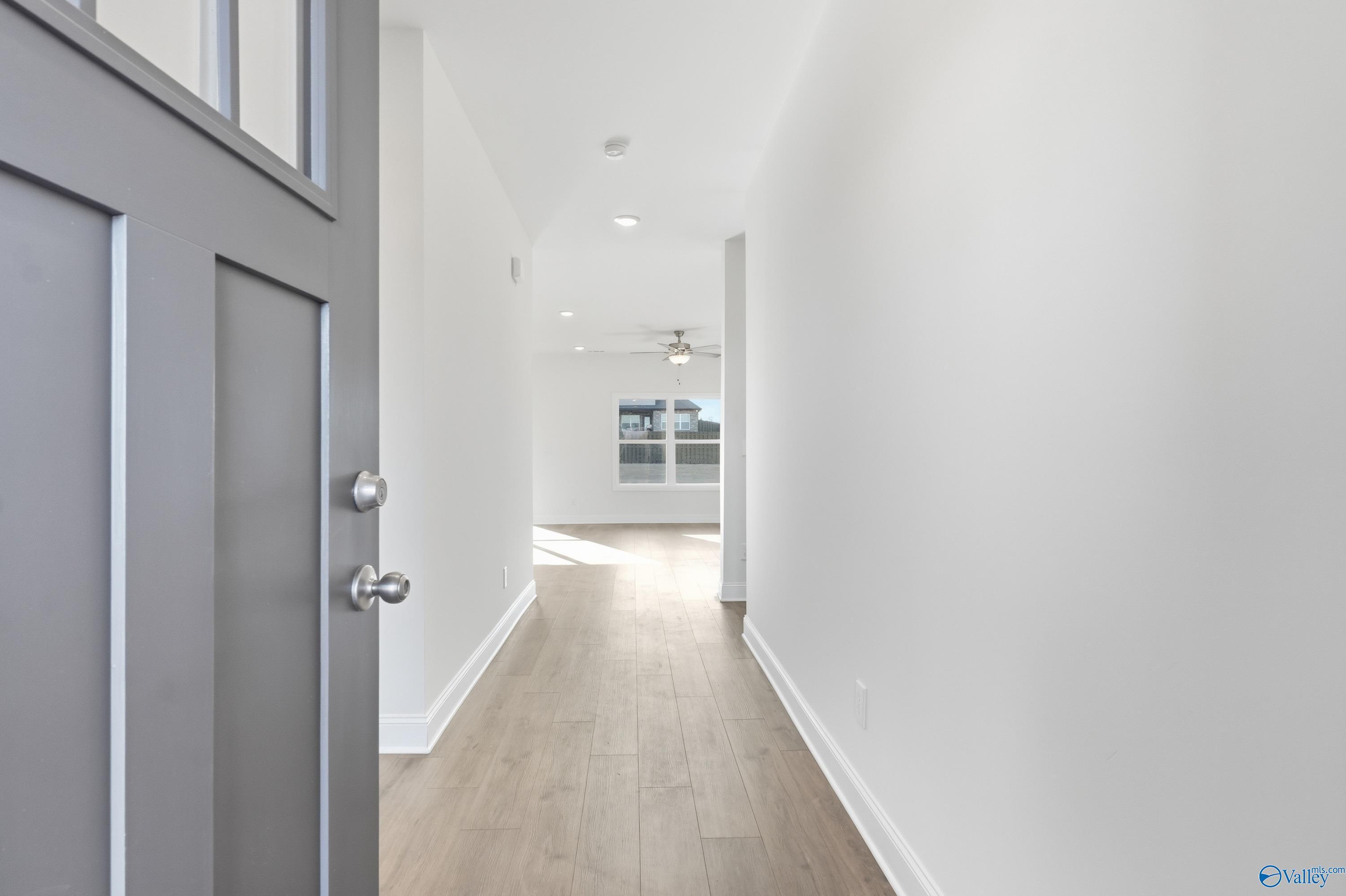 Bright entry hallway with open gray door, hardwood floors, and natural light in Davidson Homes The Asheville C, Meridianville