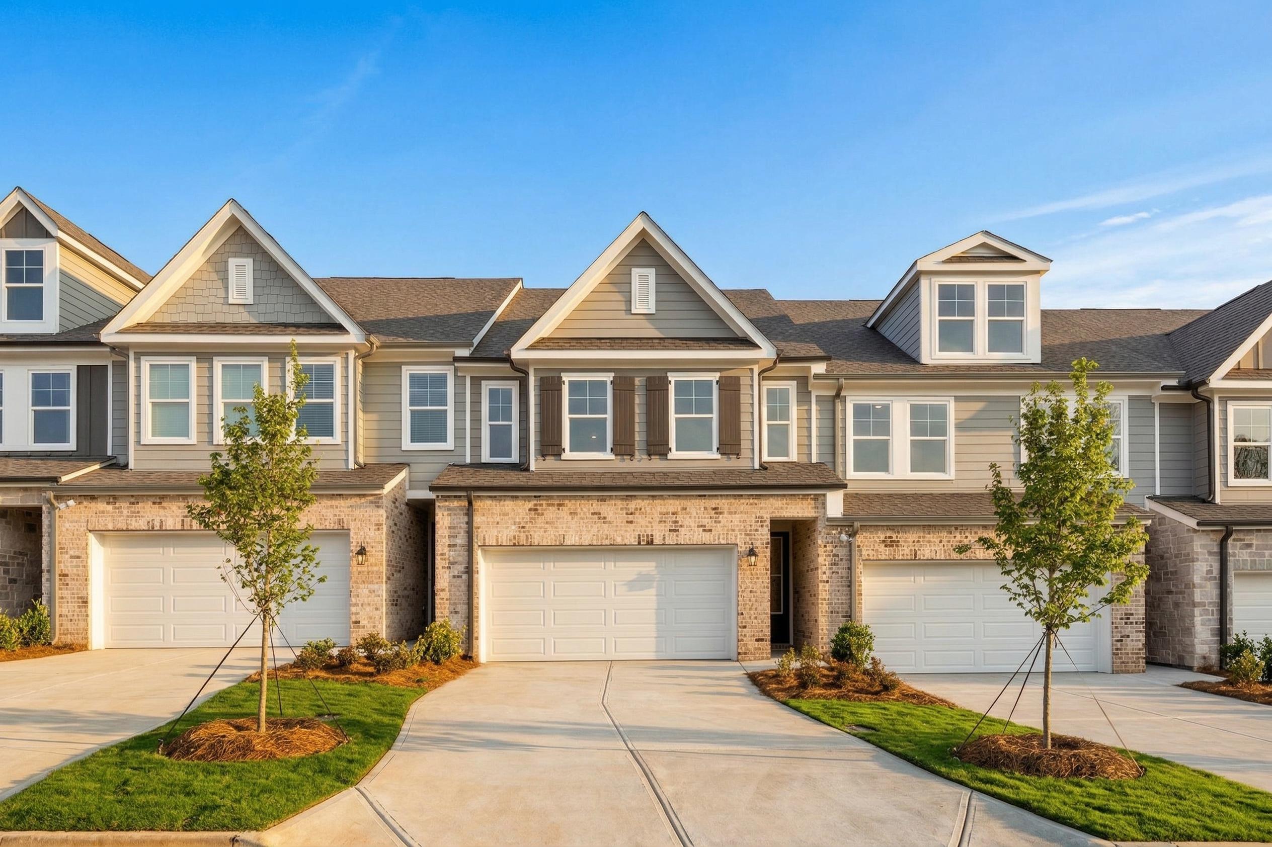 Modern 2-story townhomes with gray siding, brick accents, garages, and landscaped driveways in Hemingway, Cumming, Georgia