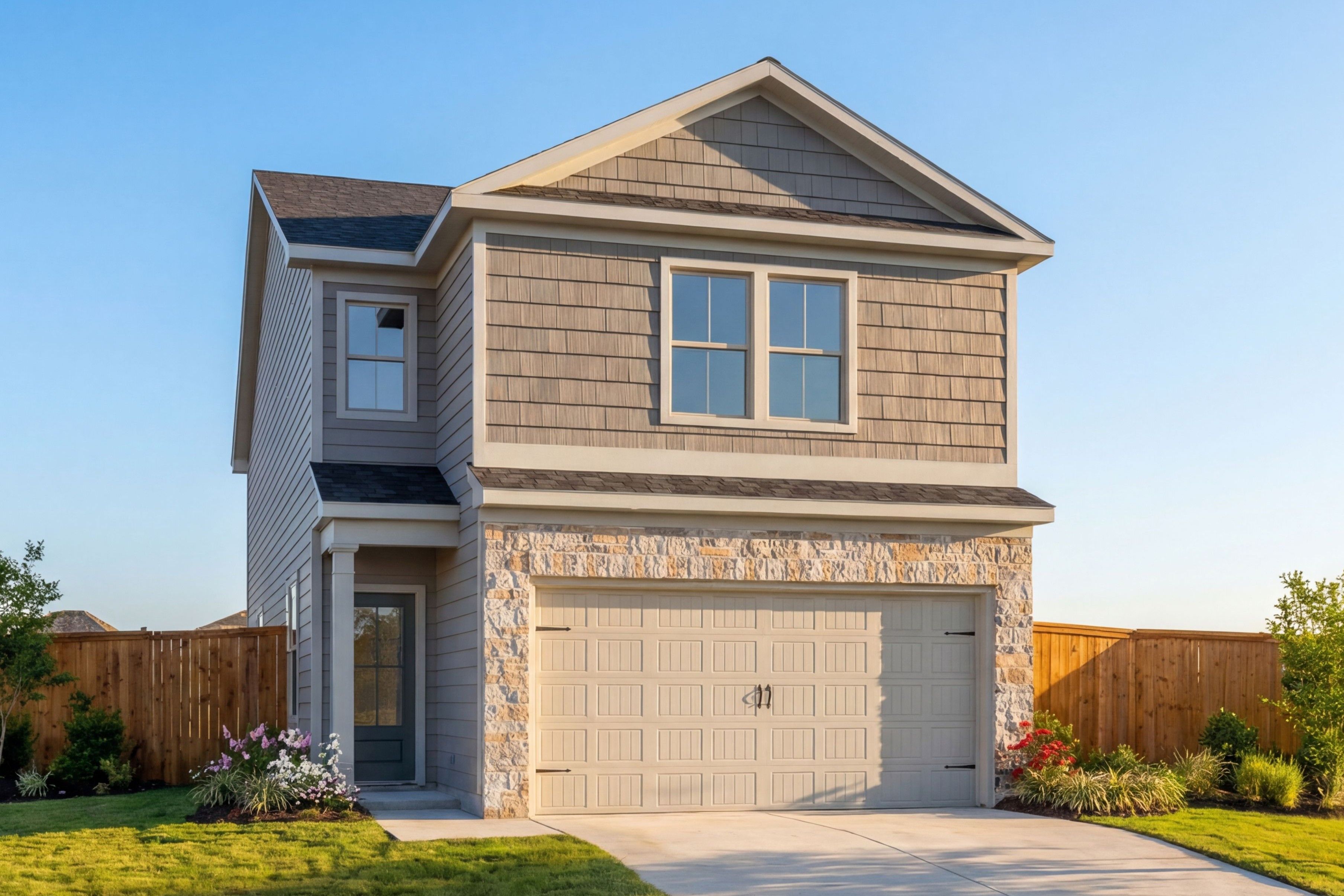 Contemporary two-story home exterior at Meadows at Oak Creek in San Antonio TX with shingle siding, stone garage, and landscaped yard