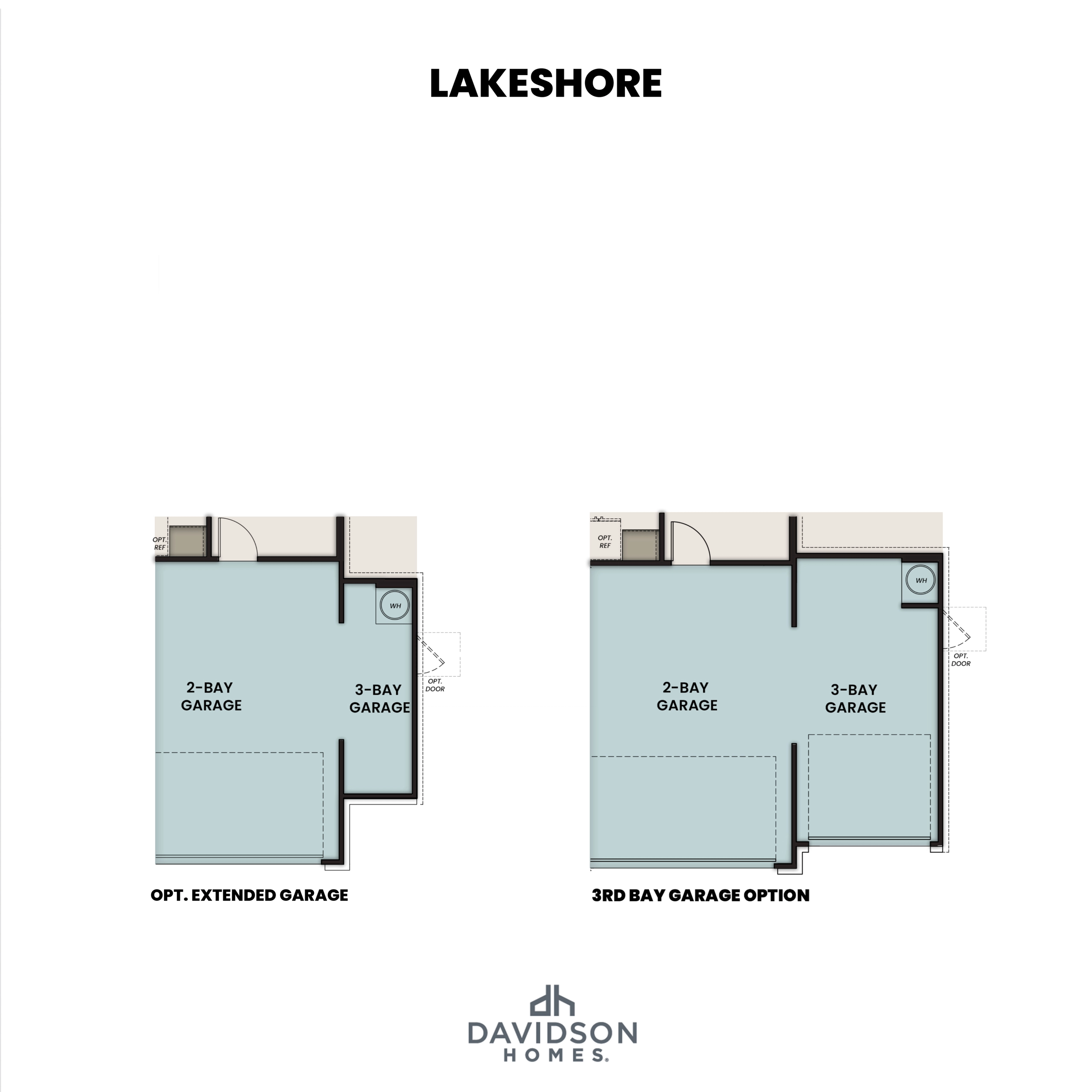 The Lakeshore home plan garage options by Davidson Homes, showing 2-bay extended and 3-bay configurations
