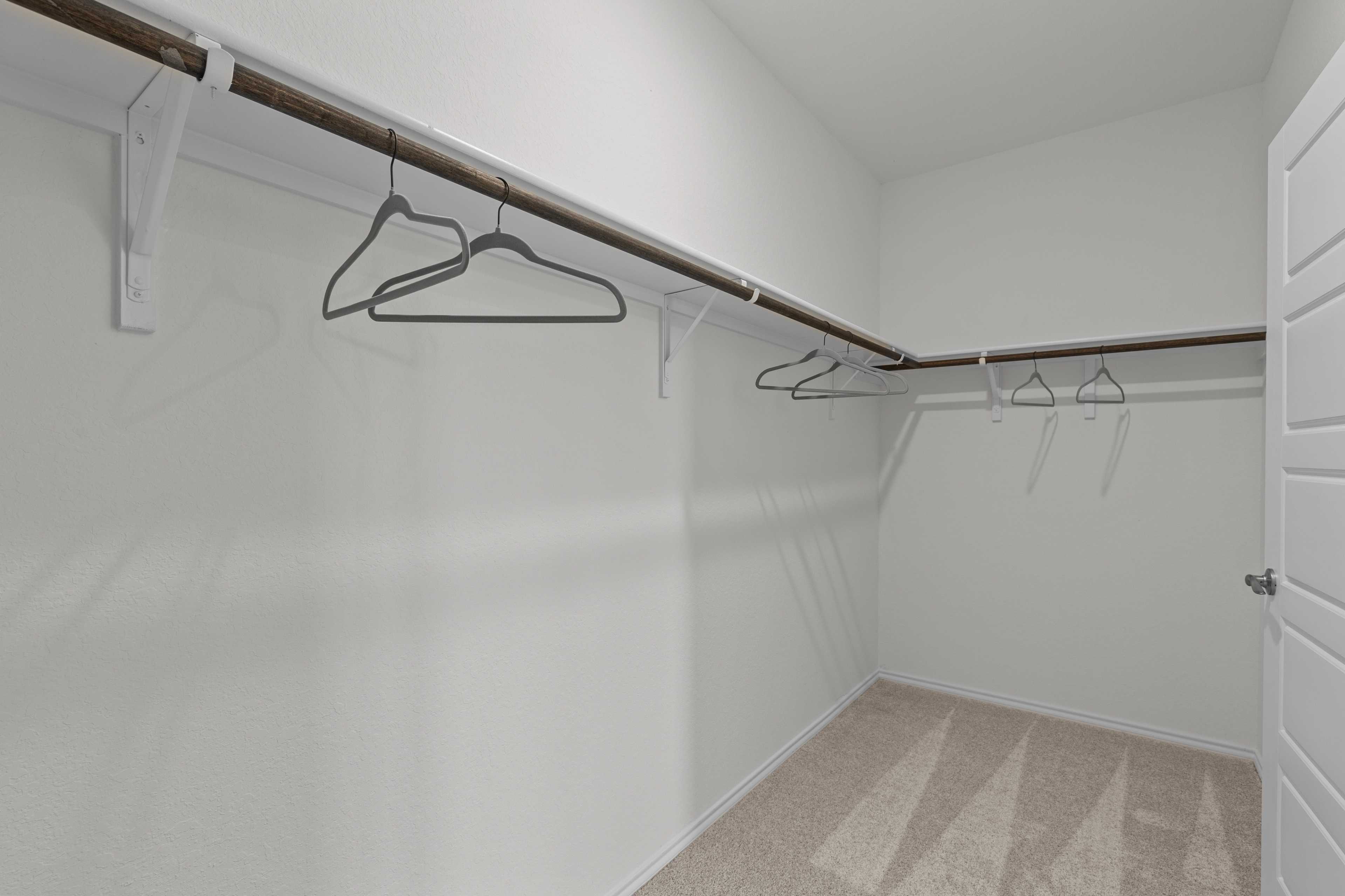 Spacious walk-in closet in The Daphne H with wooden hanging rods, white walls, beige carpet, and empty hangers