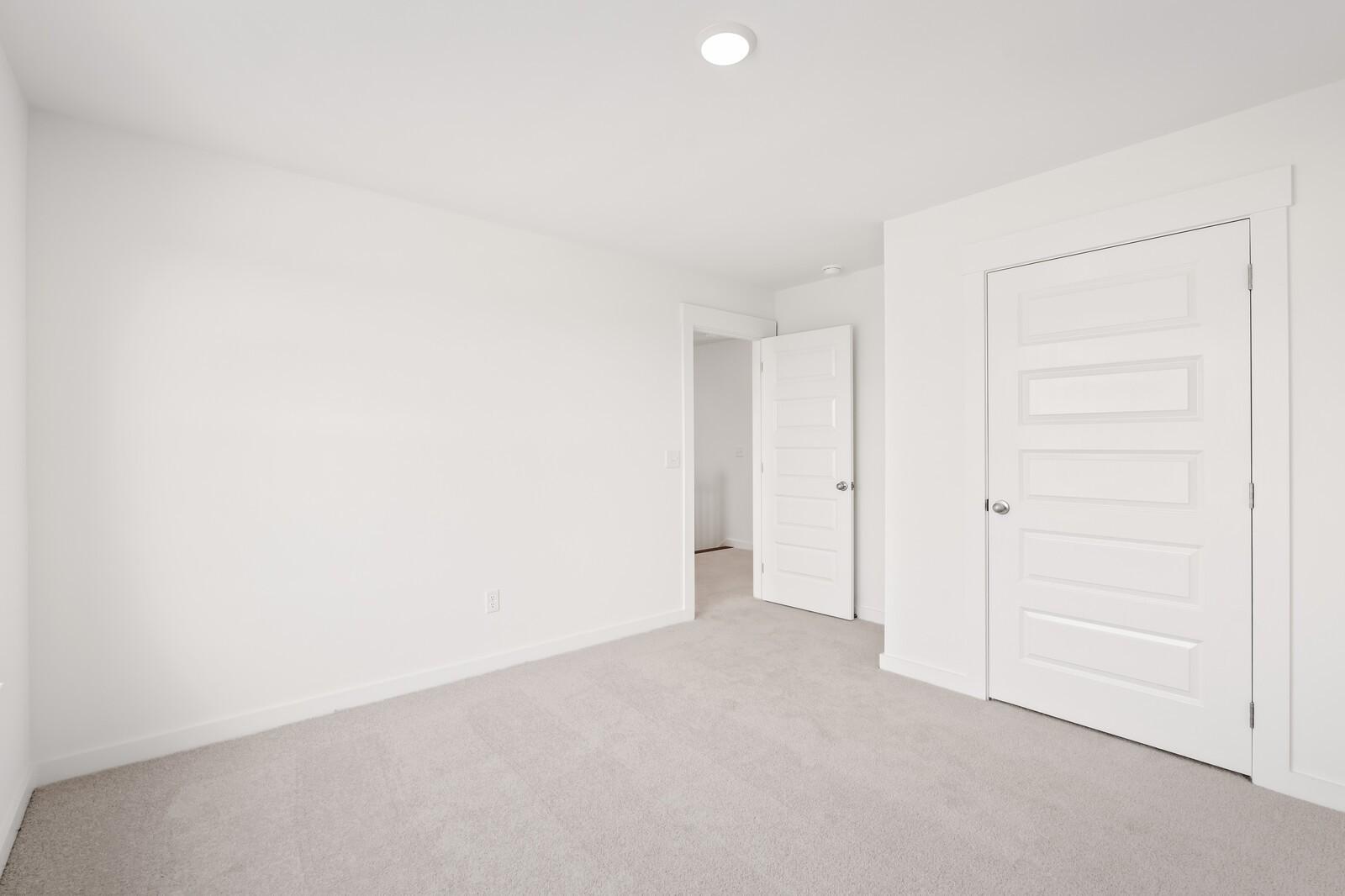 Bright secondary bedroom with white paneled doors, neutral carpet, and open hallway in Davidson Homes The Ash C, Mt. Juliet, TN