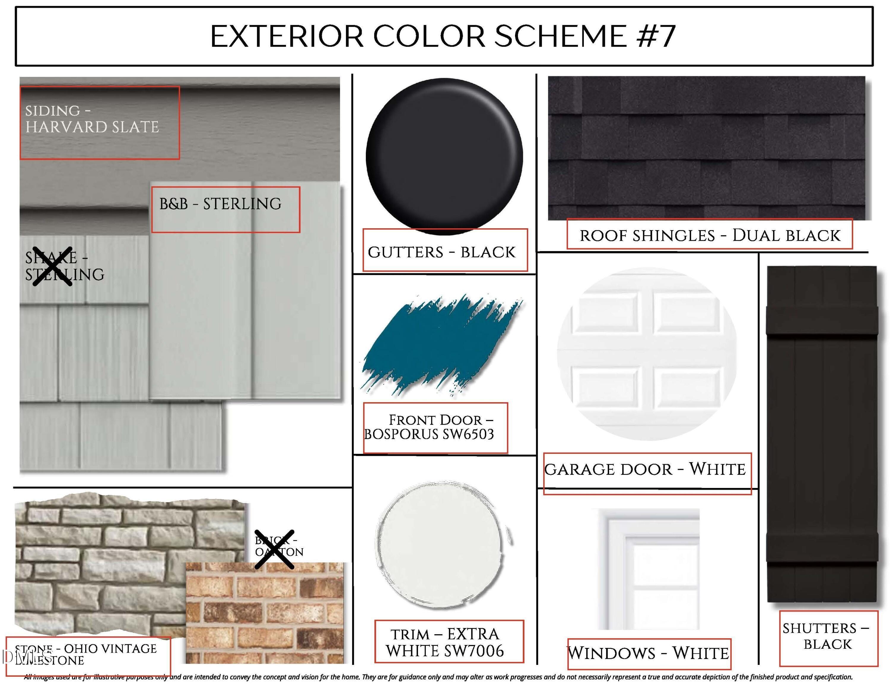 Exterior color scheme #7 swatches: Harvard Slate siding, Dual Black roof, black shutters for Davidson Homes Grace C in Lillington, NC