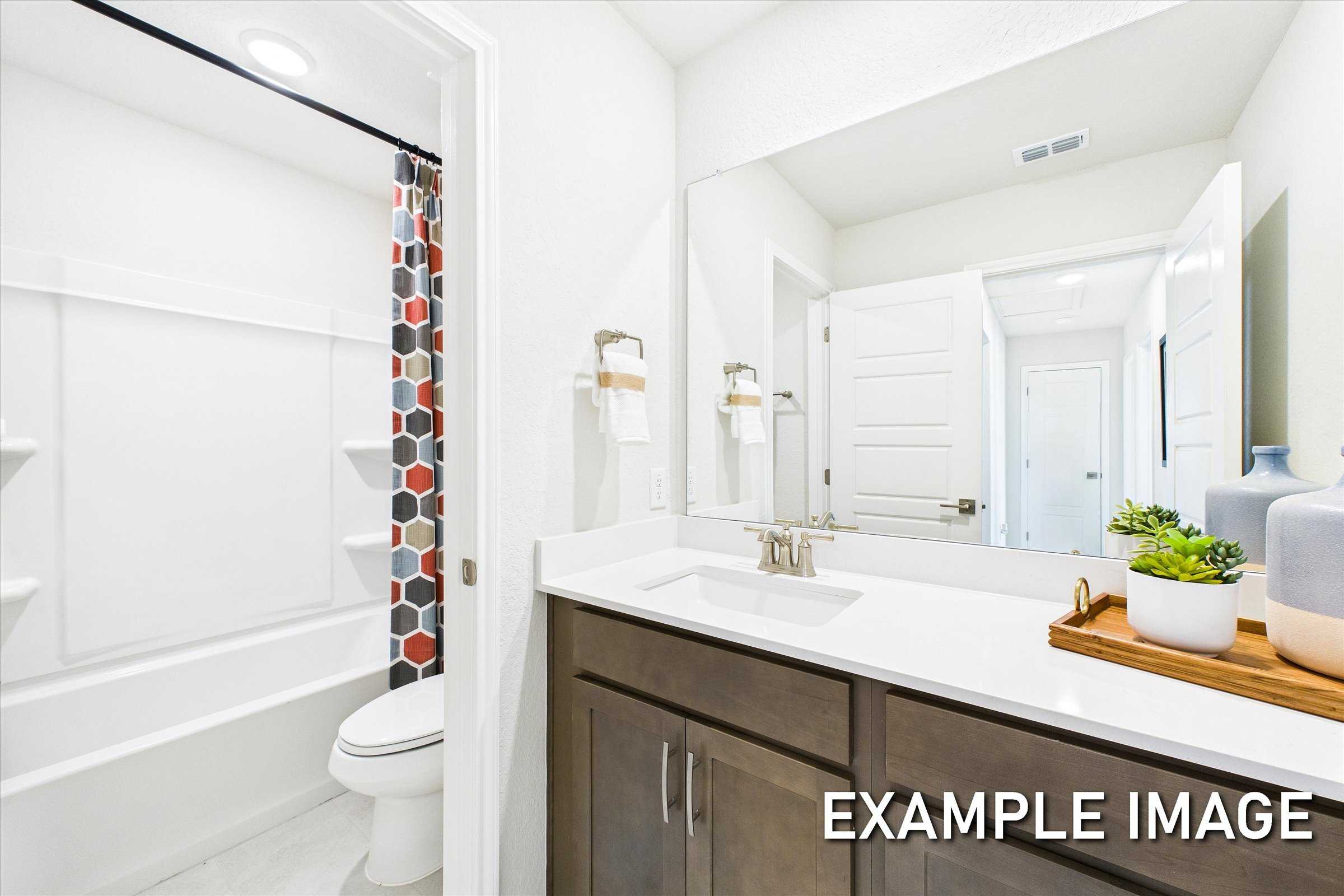 Spacious bathroom in The Brazos A home plan with tub-shower combo, geometric curtain, modern vanity, and large mirror