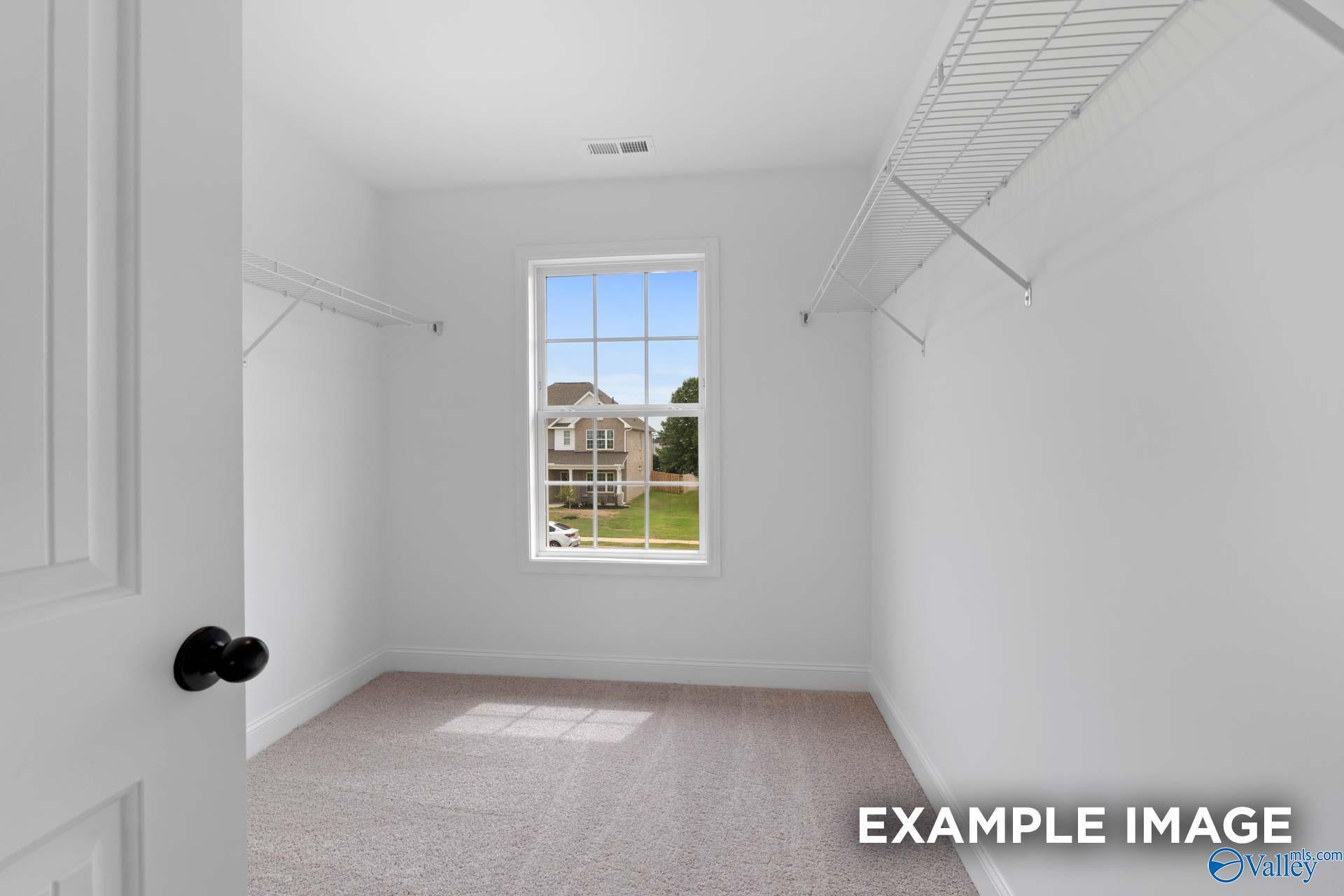 Walk-in closet with white walls, carpet, and wire shelving in The Shelby B floor plan at Jaguar Hills, Huntsville, Alabama.