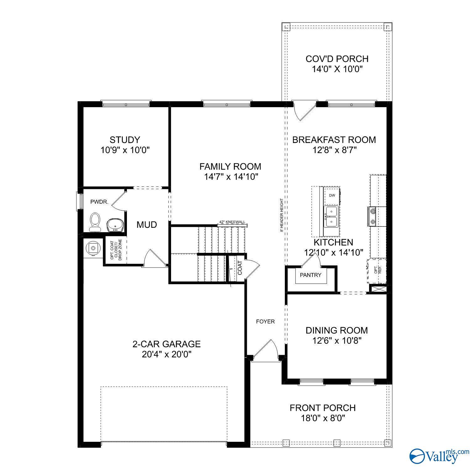 First floor layout of The Shelby D 4-bedroom home by Davidson Homes in Noble Ridge, Cullman, Alabama, featuring open kitchen, family room, 2-car garage