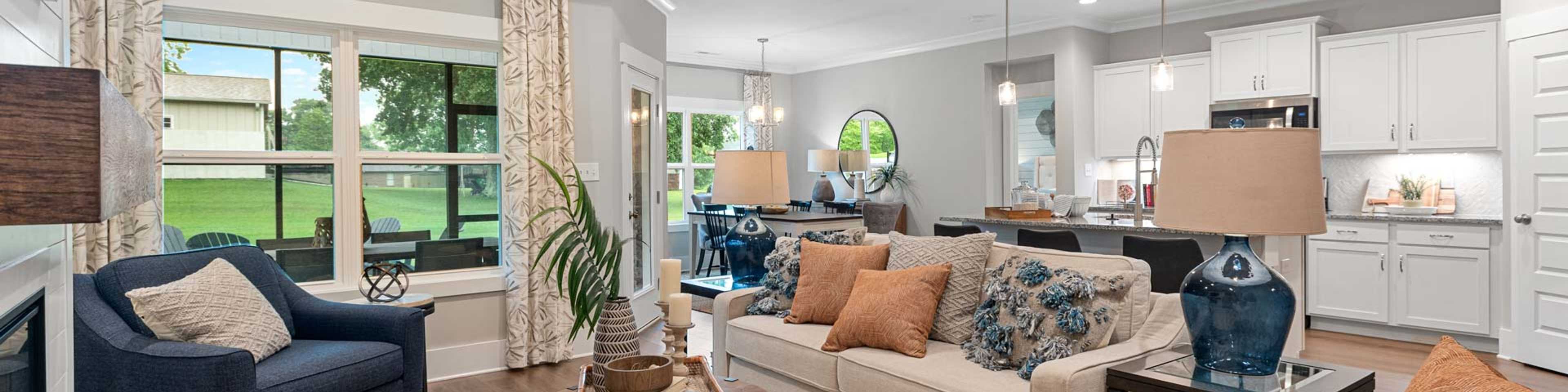 Spacious open-concept living room and kitchen in modern new home, Owens Cross Roads