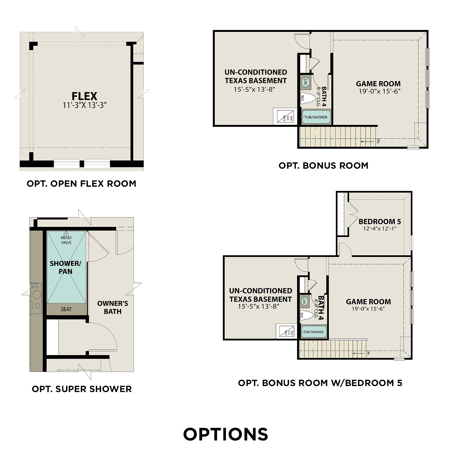 The George A floor plan options by Davidson Homes: open flex room, bonus room, super shower, and bedroom 5 addition in Rosharon Texas