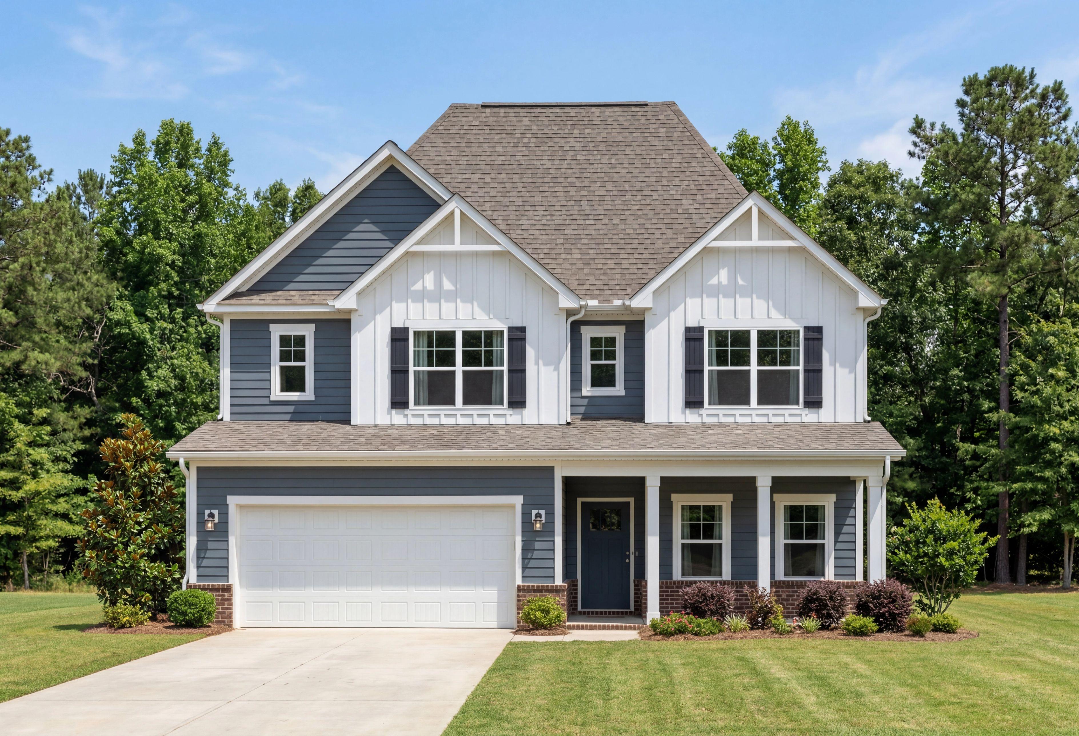 Two-story exterior elevation of The Shelby D featuring blue siding, white board and batten, and a two-car garage.