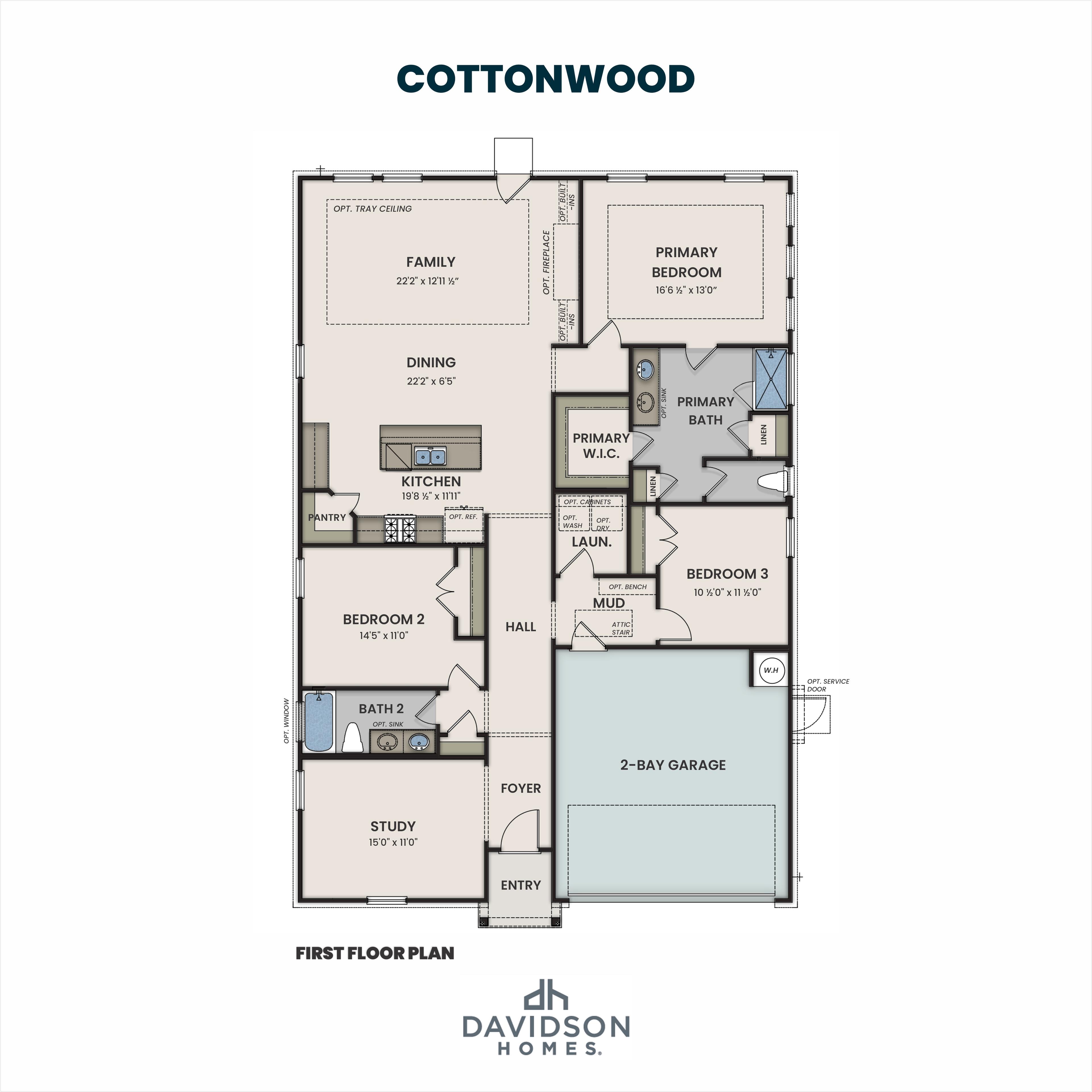 Cottonwood first floor plan by Davidson Homes: 3-4 bedroom single-story layout with primary suite, open kitchen, dining, and 2-car garage