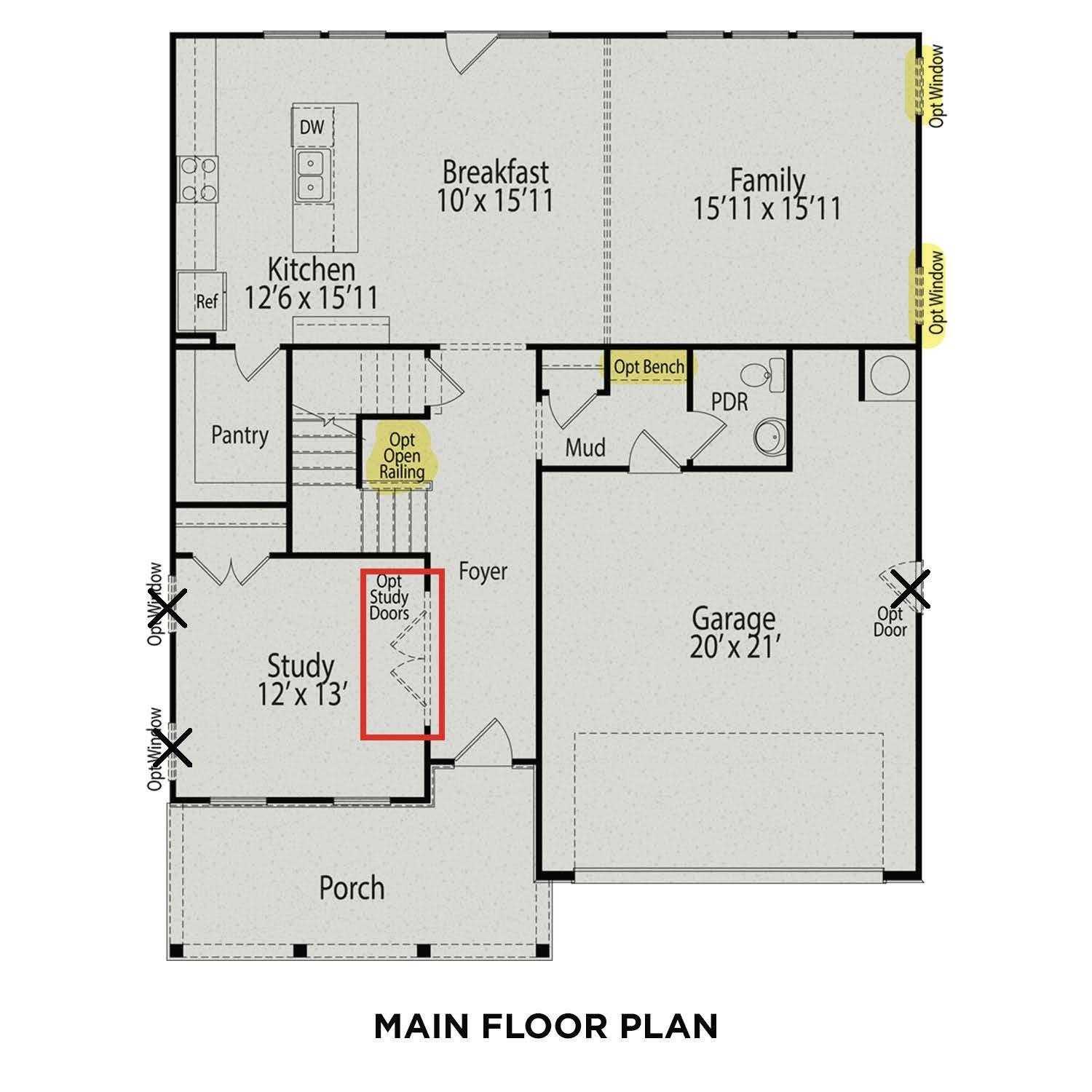 Main floor plan of The Hemlock A 3-bedroom home: open kitchen, family room, study, 2-car garage in Enclave at Belmont, NC