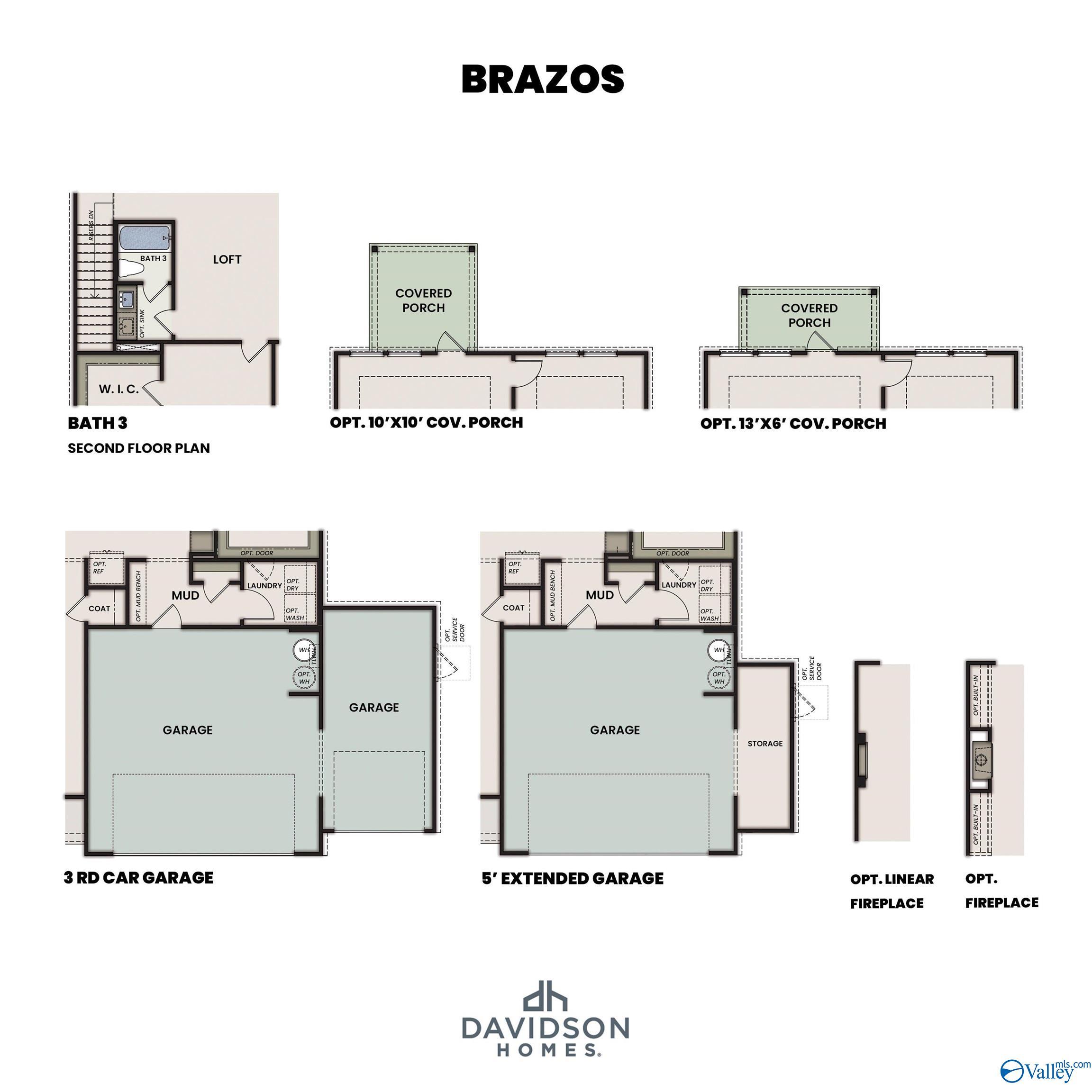 Brazos floor plan by Davidson Homes: second-story loft, bath 3, optional covered porches, 3-car garage, extended garage in Meridianville AL