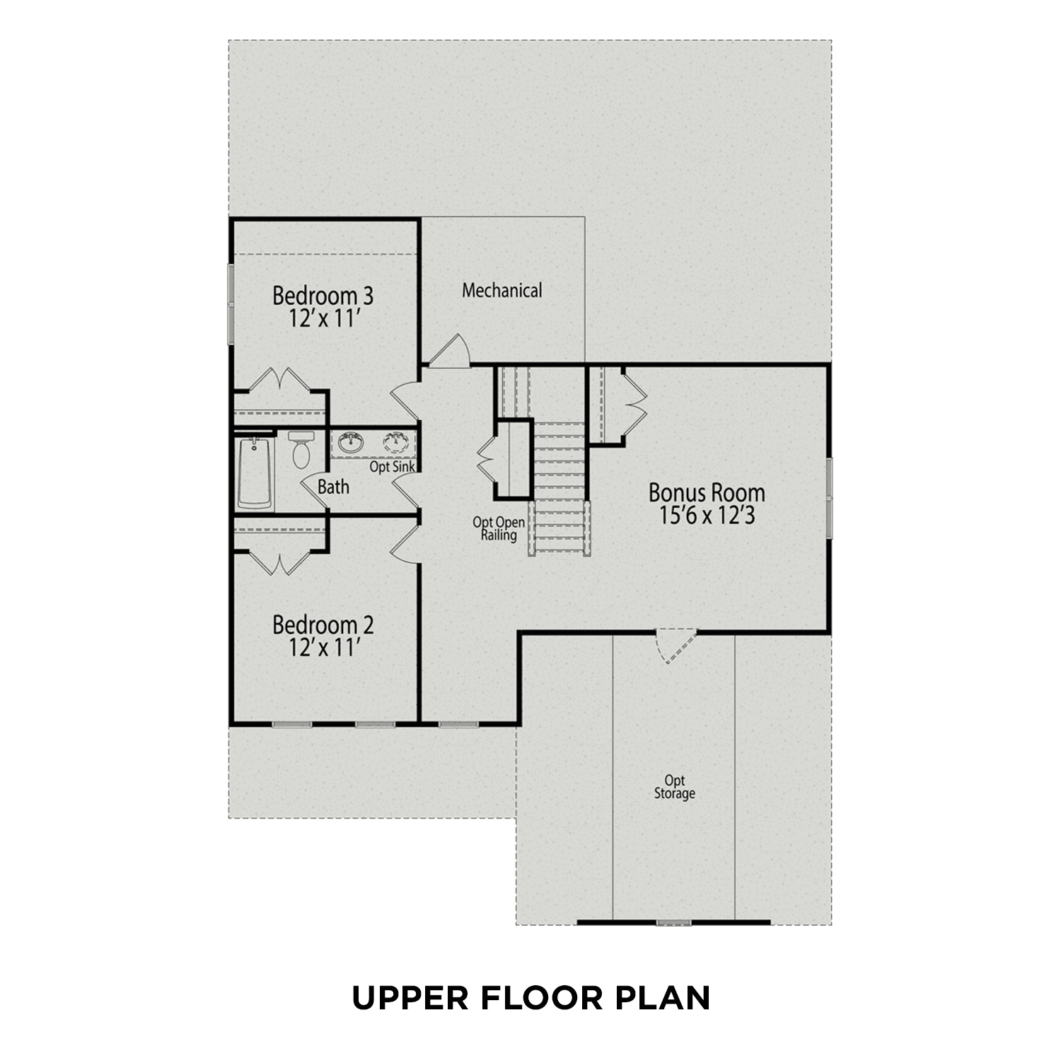 Upper floor plan of The Ash C by Davidson Homes featuring two 12x11 bedrooms, full bath, 15x12 bonus room, and mechanical area