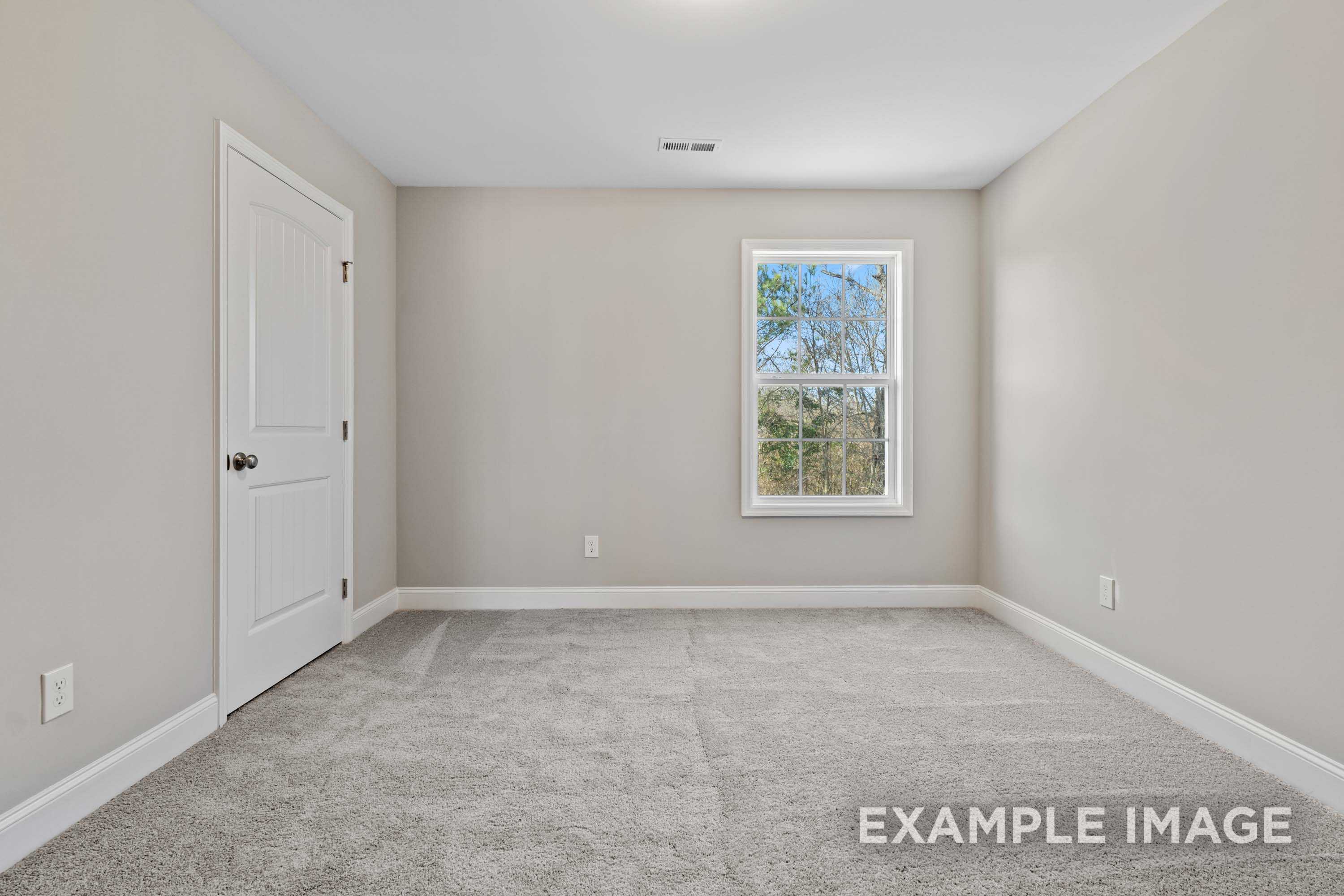 Spacious empty bedroom in The Madison A with beige walls, carpet floor, large window, and white door