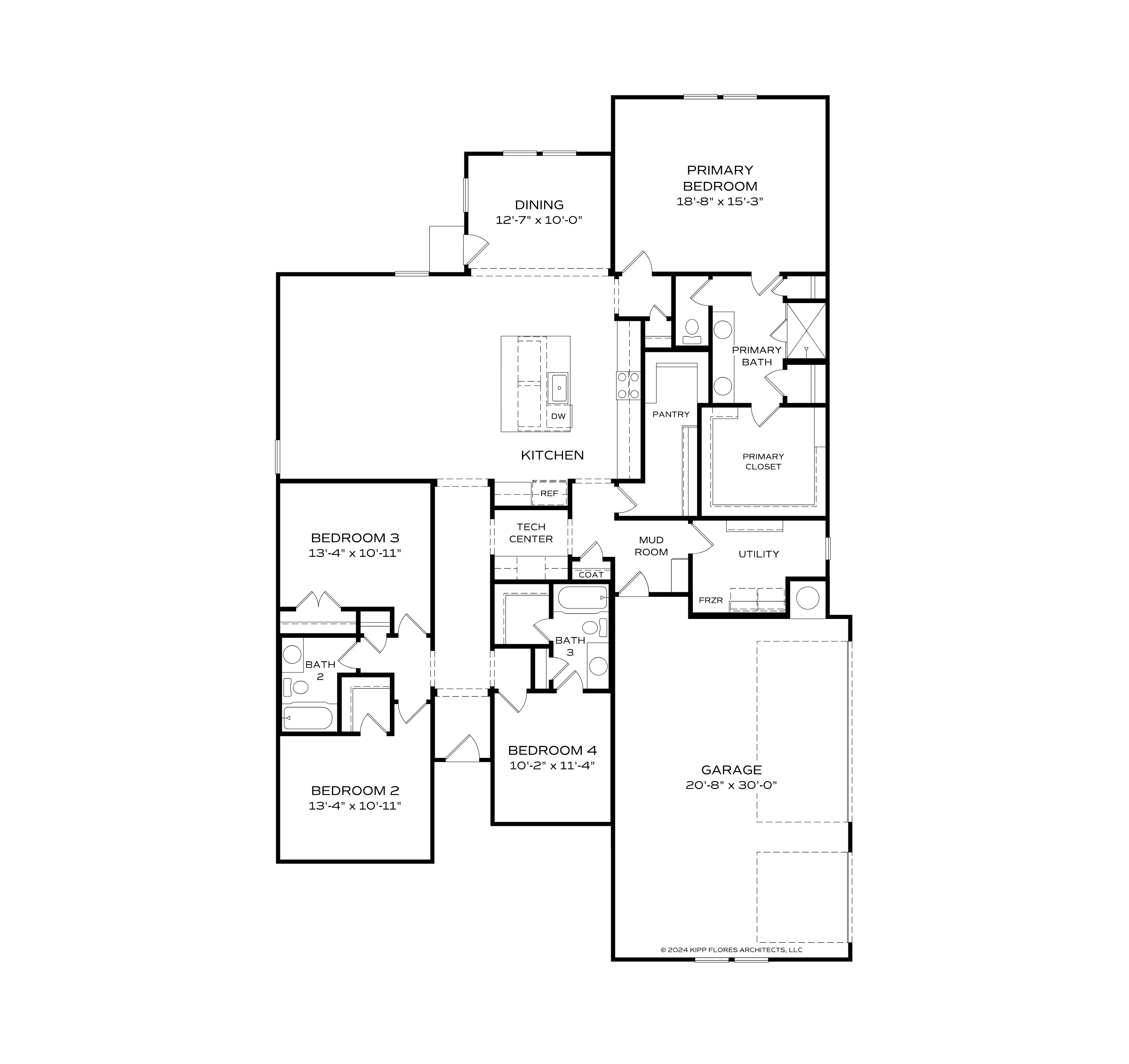 First floor plan of The Arcadia 4-bedroom single-story home with primary suite, open kitchen, dining area, and 3-car garage