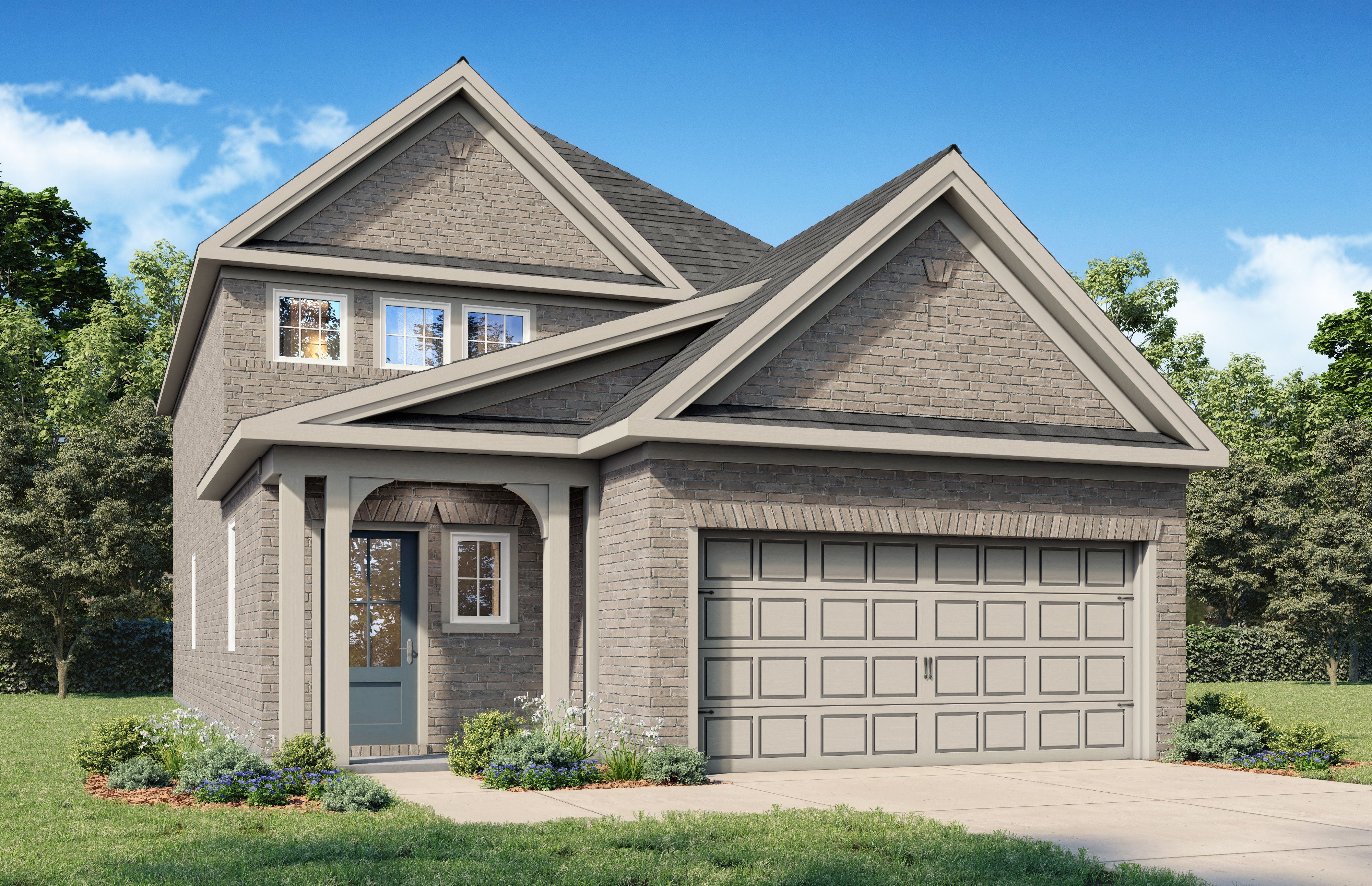 Two-story Sabine H brick home elevation with gabled roof, front porch, two-car garage, and landscaped yard in Heartland Texas