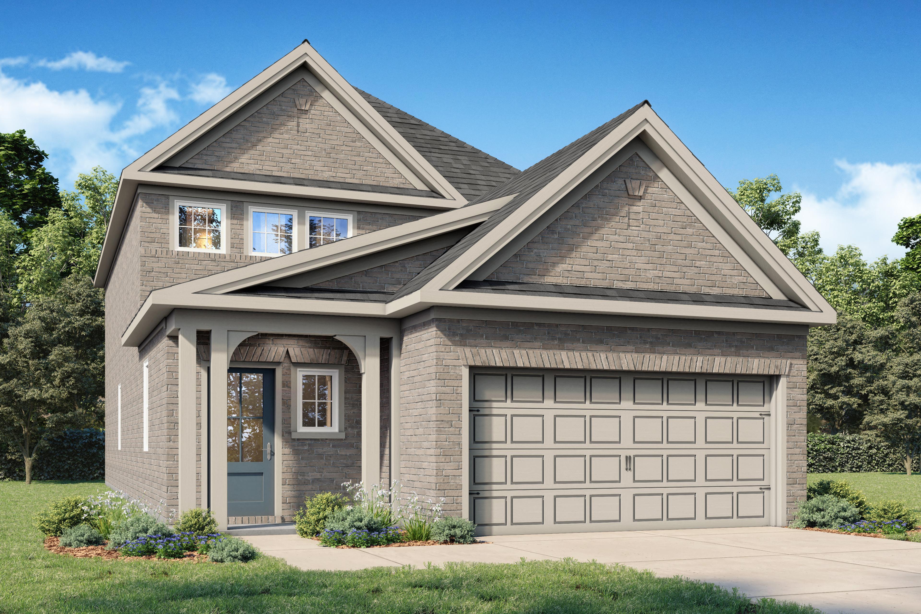Two-story Sabine H brick home elevation with gabled roof, front porch, two-car garage, and landscaped yard in Heartland Texas