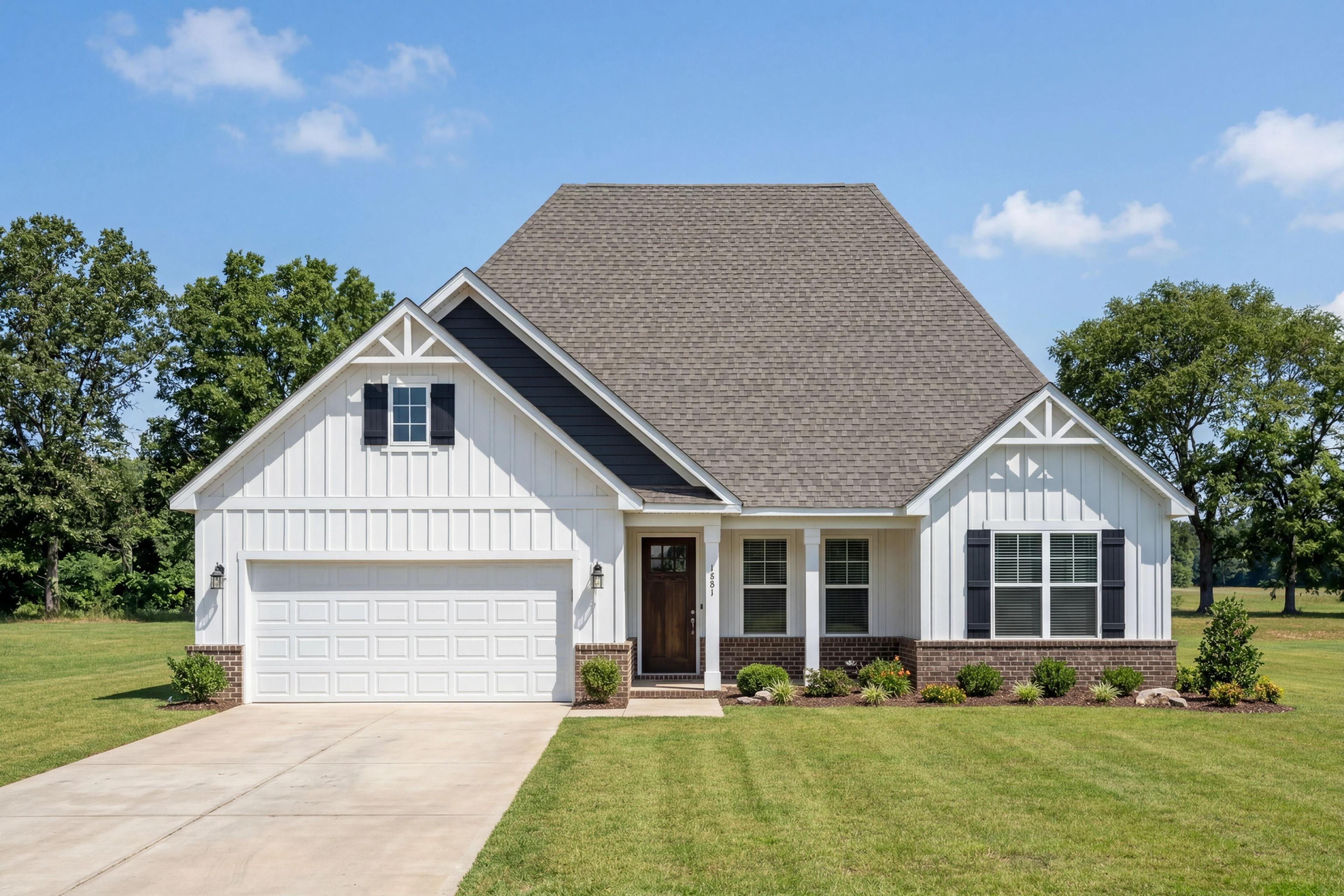 Modern farmhouse elevation of The Rockford in Cullman, Alabama featuring white vertical siding, brick accents, and garage.