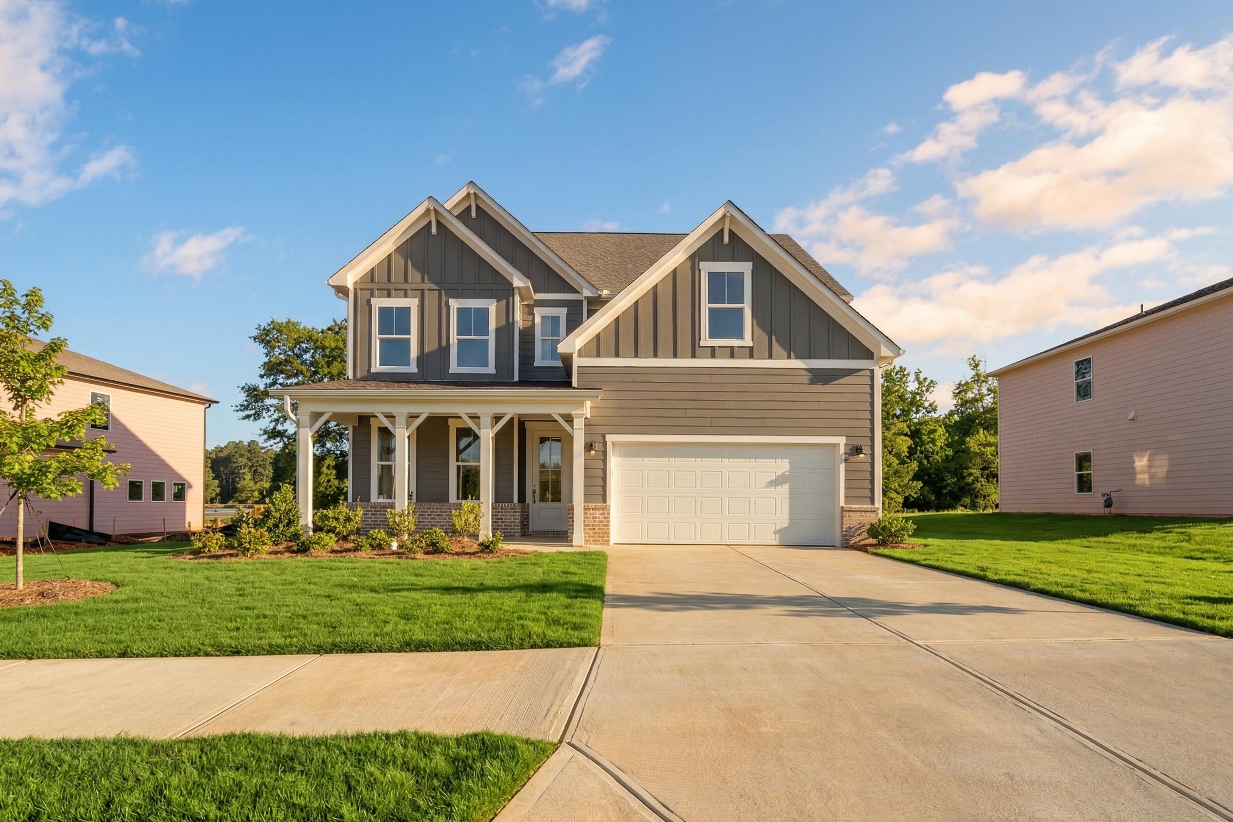 Gray two-story home with board-and-batten siding, covered front porch, two-car garage, and for-sale sign in Cedar Farms, Winder, Georgia Davidson Homes